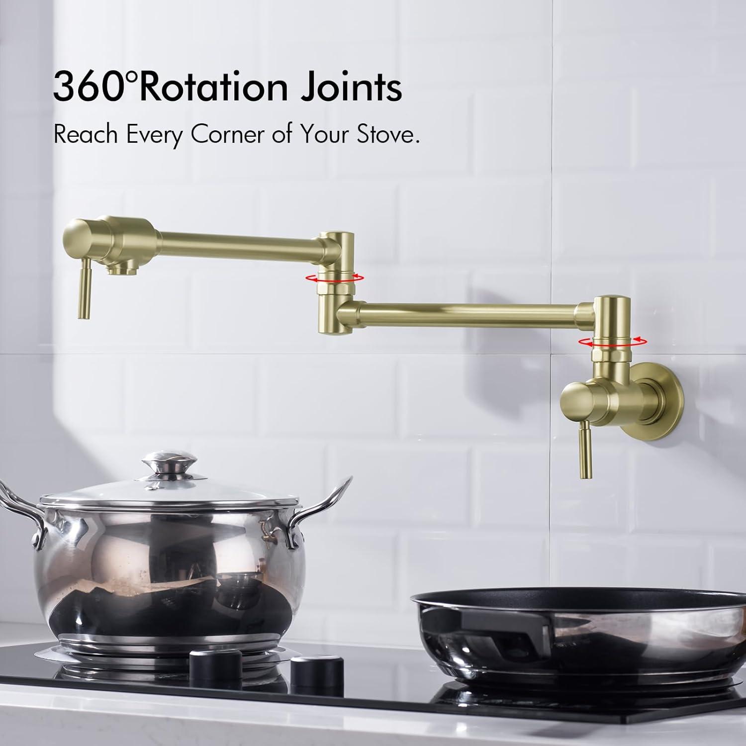 Pot Filler Faucet, Solid Brass Brushed Gold Single Cold Kitchen Faucet Wall Mounted Kitchen Pot Filler Faucet Double Joint Swing Arm Faucet