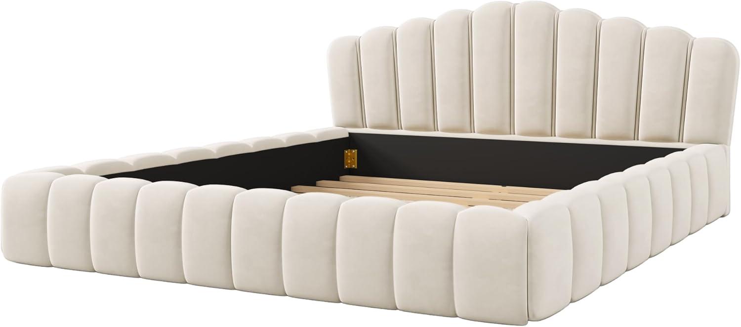 Beige Velvet Queen Platform Bed with Shell Headboard and Storage