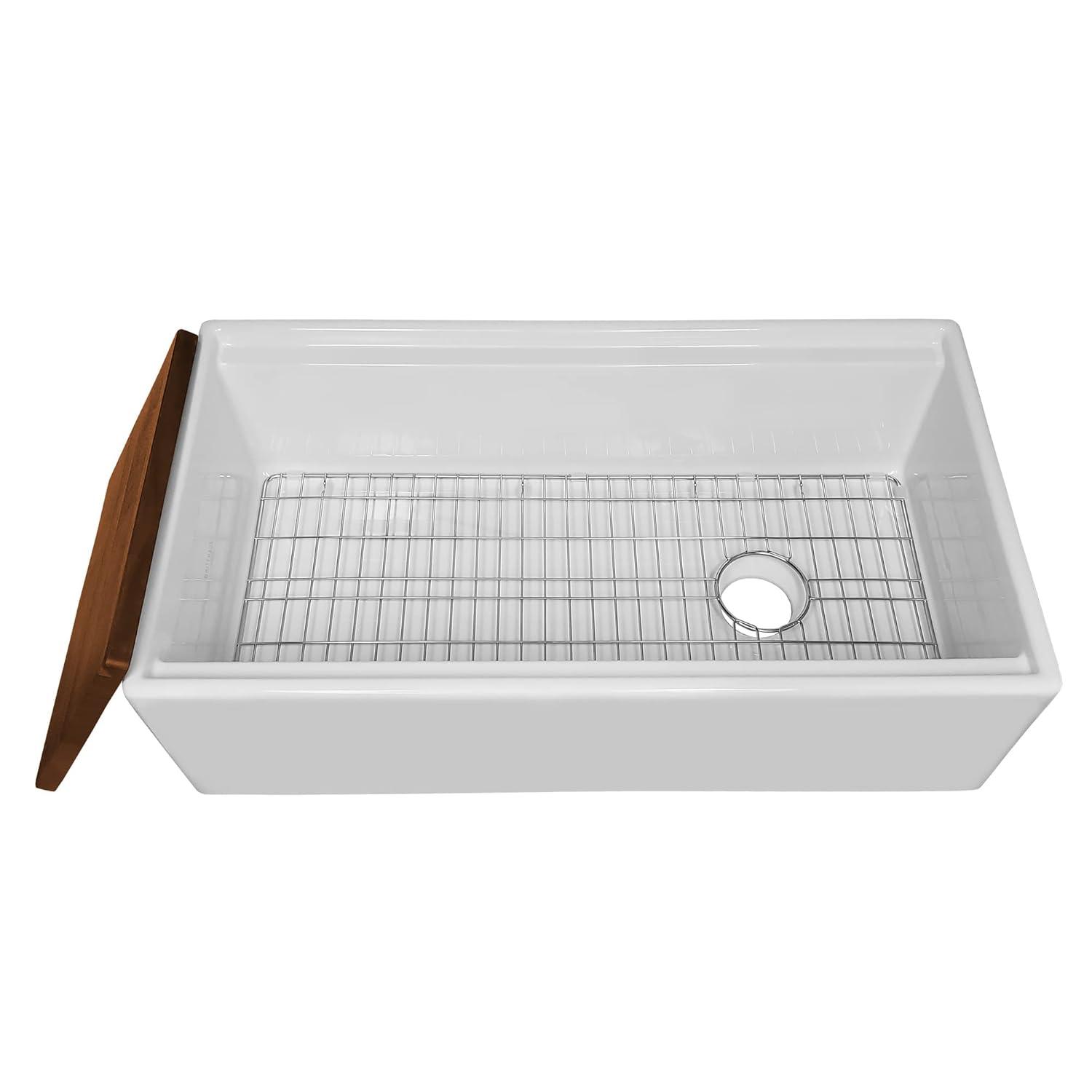 Whitehaus Collection Front Apron Single Bowl Fireclay Kitchen Sinks with Cutting Board and Grid