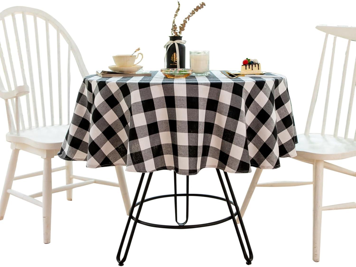 Buffalo Plaid Round Tablecloth Checkered Cotton Linen Table Cover for Kitchen Dining Room Home Decor ( Round - 48 Inch, White & Black )