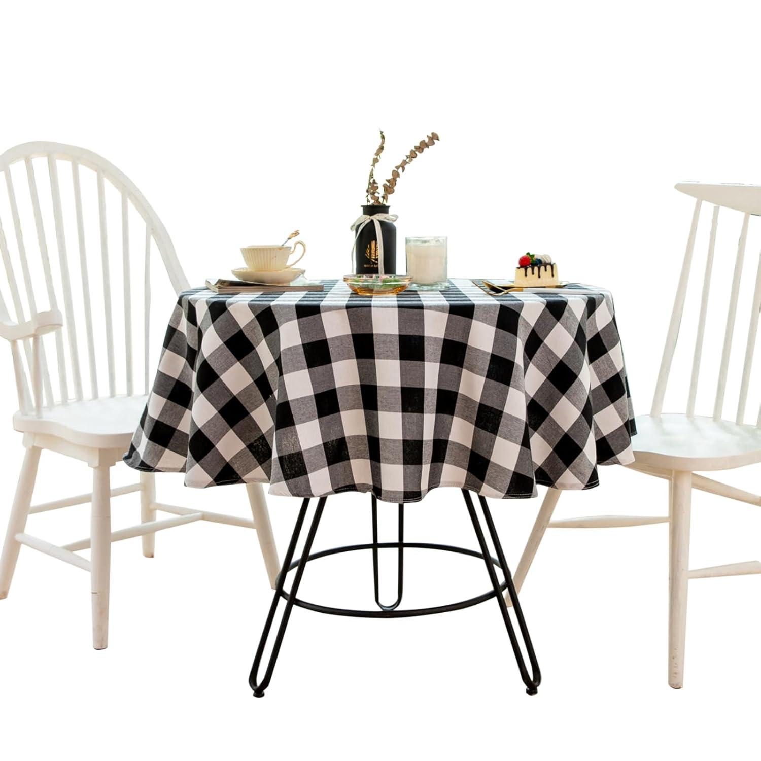 Buffalo Plaid Round Tablecloth Checkered Cotton Linen Table Cover for Kitchen Dining Room Home Decor ( Round - 48 Inch, White & Black )