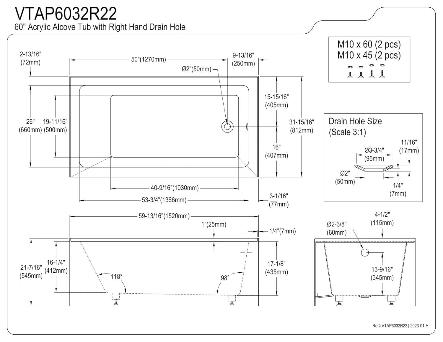 Kingston Brass Aqua Eden 60-Inch Acrylic Rectangular 3-Wall Alcove Tub, Hand Drain Hole