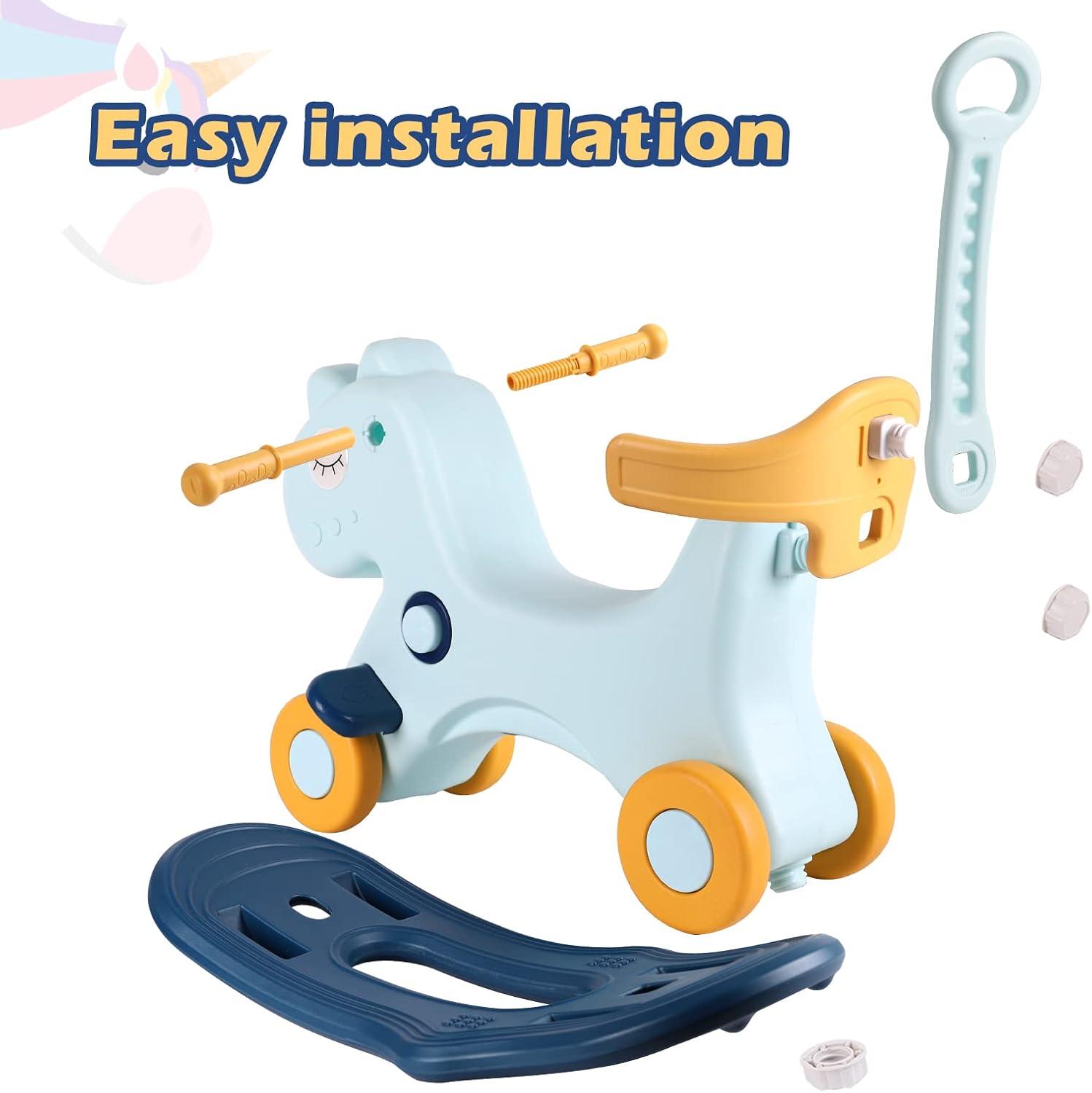 4 in 1 Rocking Horse for Toddlers 1-3 Years Old, Baby Rocking Toy Fun Birthday Gift for 1+ Boys, Ride on Toy with Detachable Balance Board and Footrest，Balance Bike with Push Handle，Blue