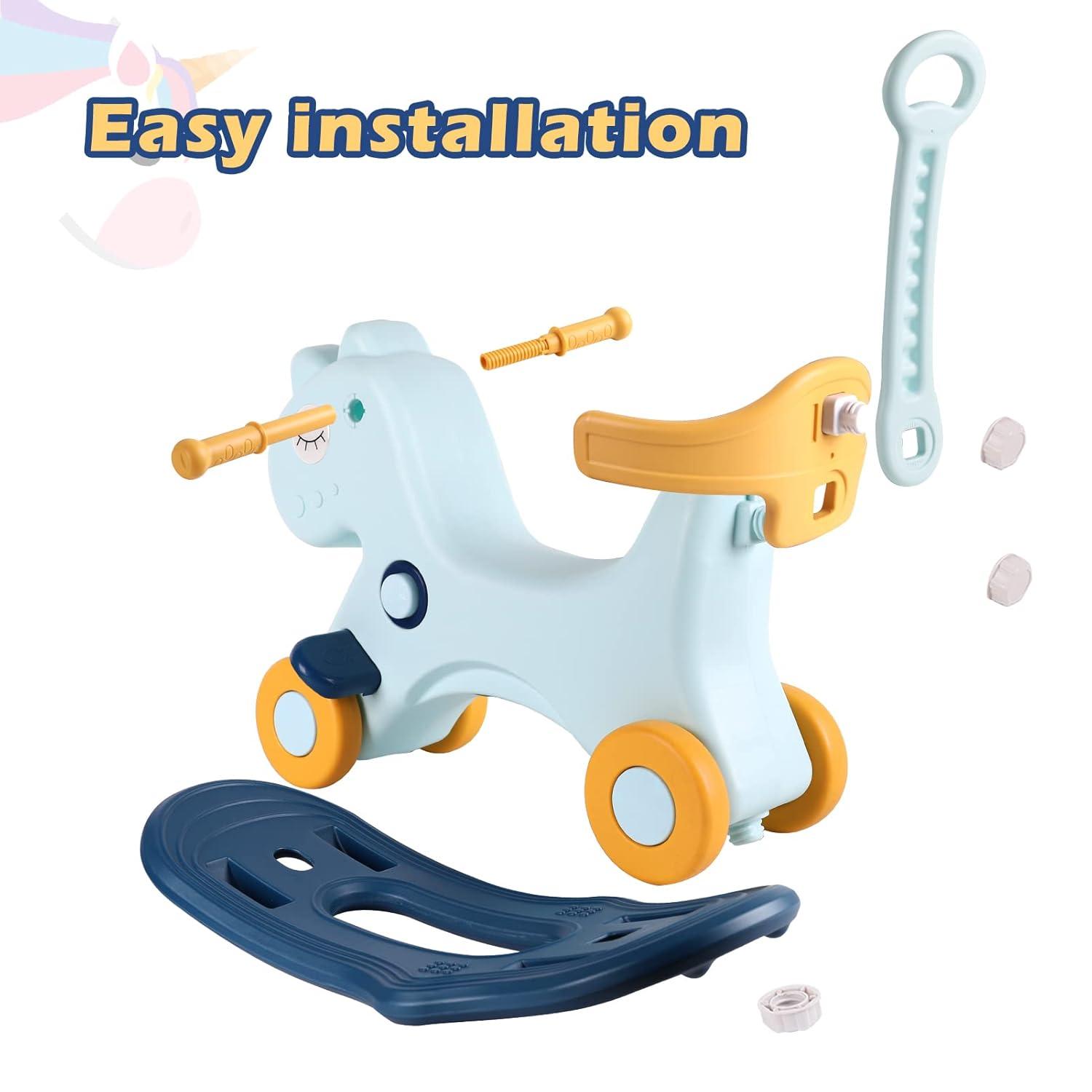 4 in 1 Rocking Horse for Toddlers 1-3 Years Old, Baby Rocking Toy Fun Birthday Gift for 1+ Boys, Ride on Toy with Detachable Balance Board and Footrest，Balance Bike with Push Handle，Blue