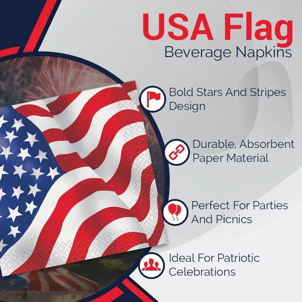 US American Flag Paper Beverage Napkins, 5in, 16ct