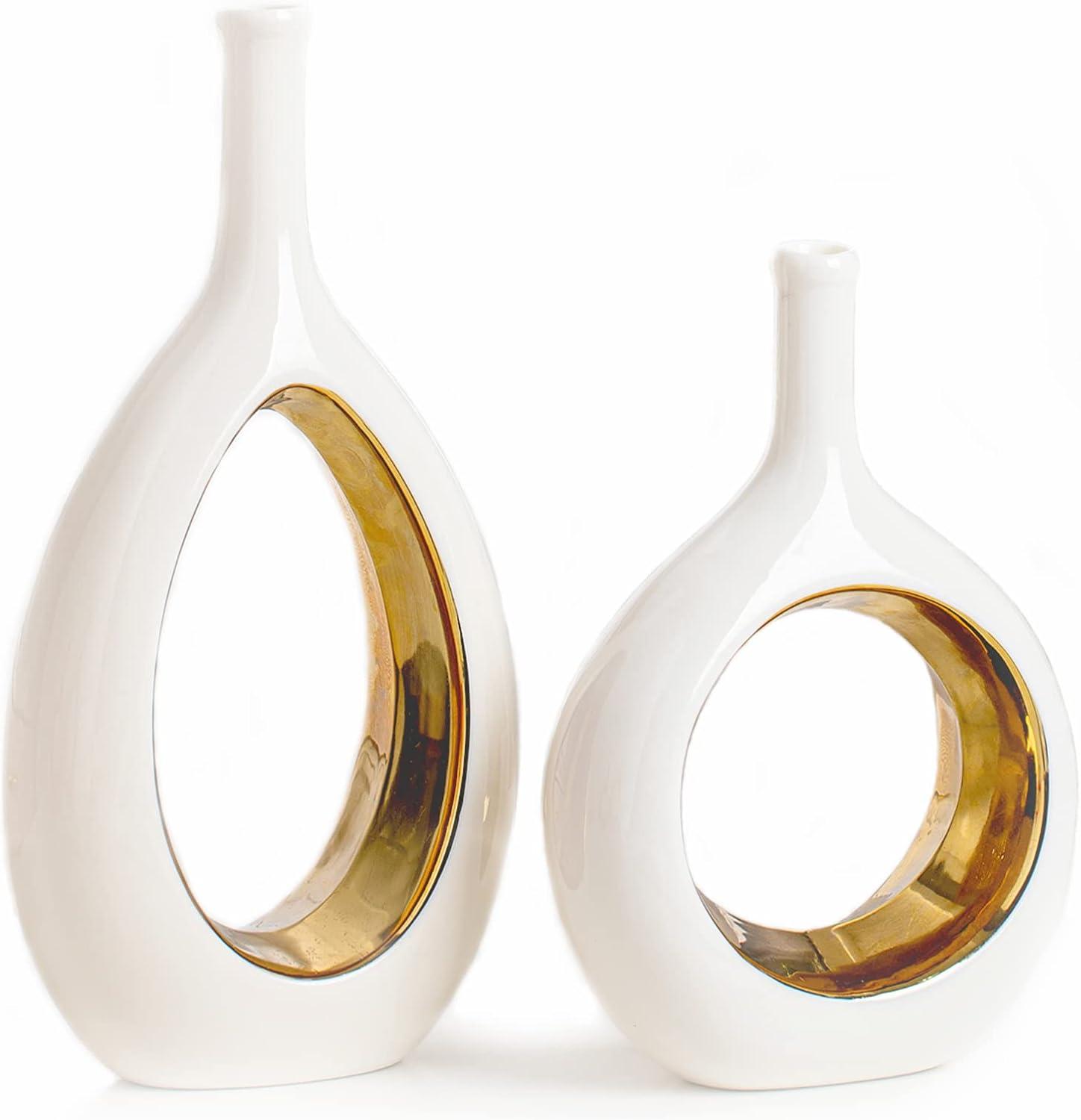 White and Gold Ceramic Cylinder Decorative Vase Set