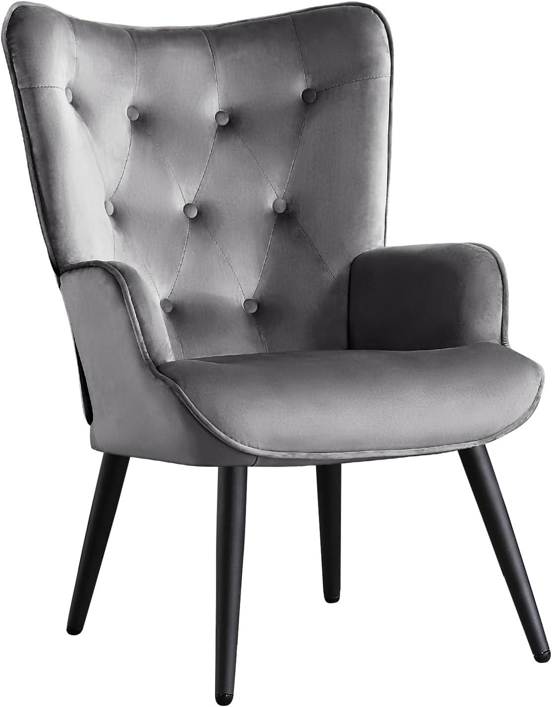 Furniliving Button-Tufted Wingback Chair Velvet Accent Chair,Grey