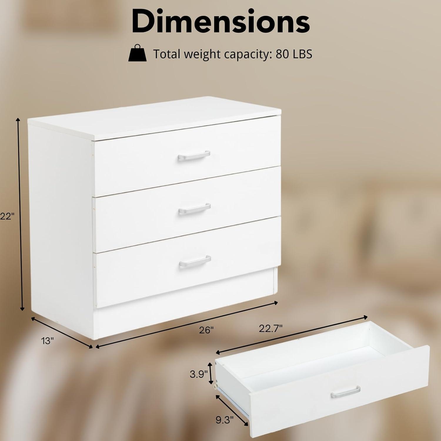 XIAOTAO 3-Drawer Dresser, Small Nightstand Modern Storage Chest of Drawer Wooden Side Table End Table for Bedroom, Living Room, Reception Room (White)