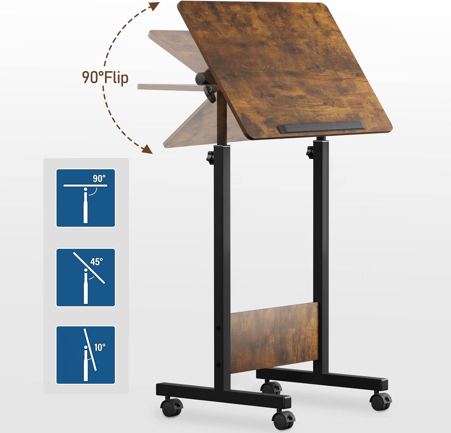 Rustic Brown Adjustable Height Mobile Standing Desk with Steel Frame