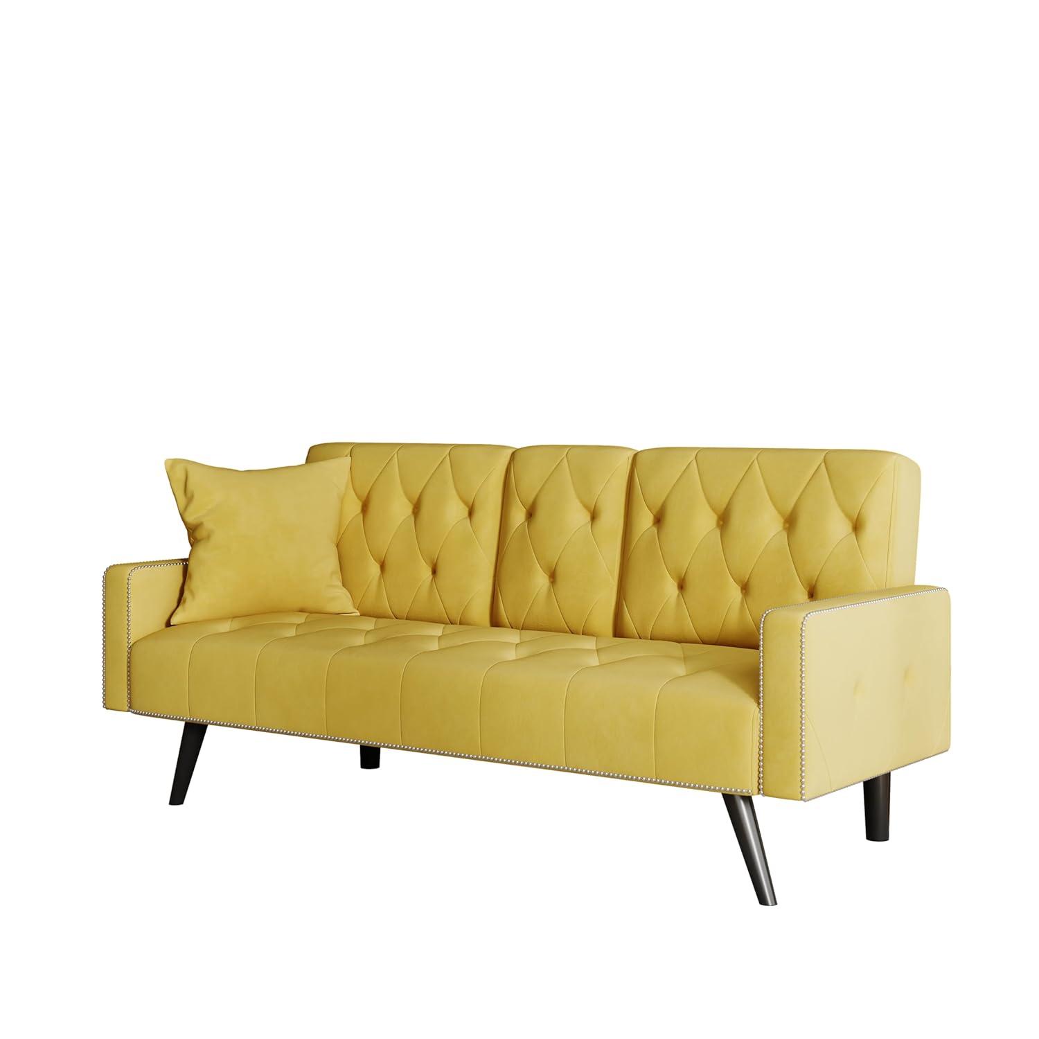 Modern Futon Sofa Bed, Armrest With Nail Head Trim, Convertible Sofa Bed, with 2 Cup Holders, 72" Velvet Loveseat Sofa Couch, Upholstered Sleeper Sofa Bed for Small Space
