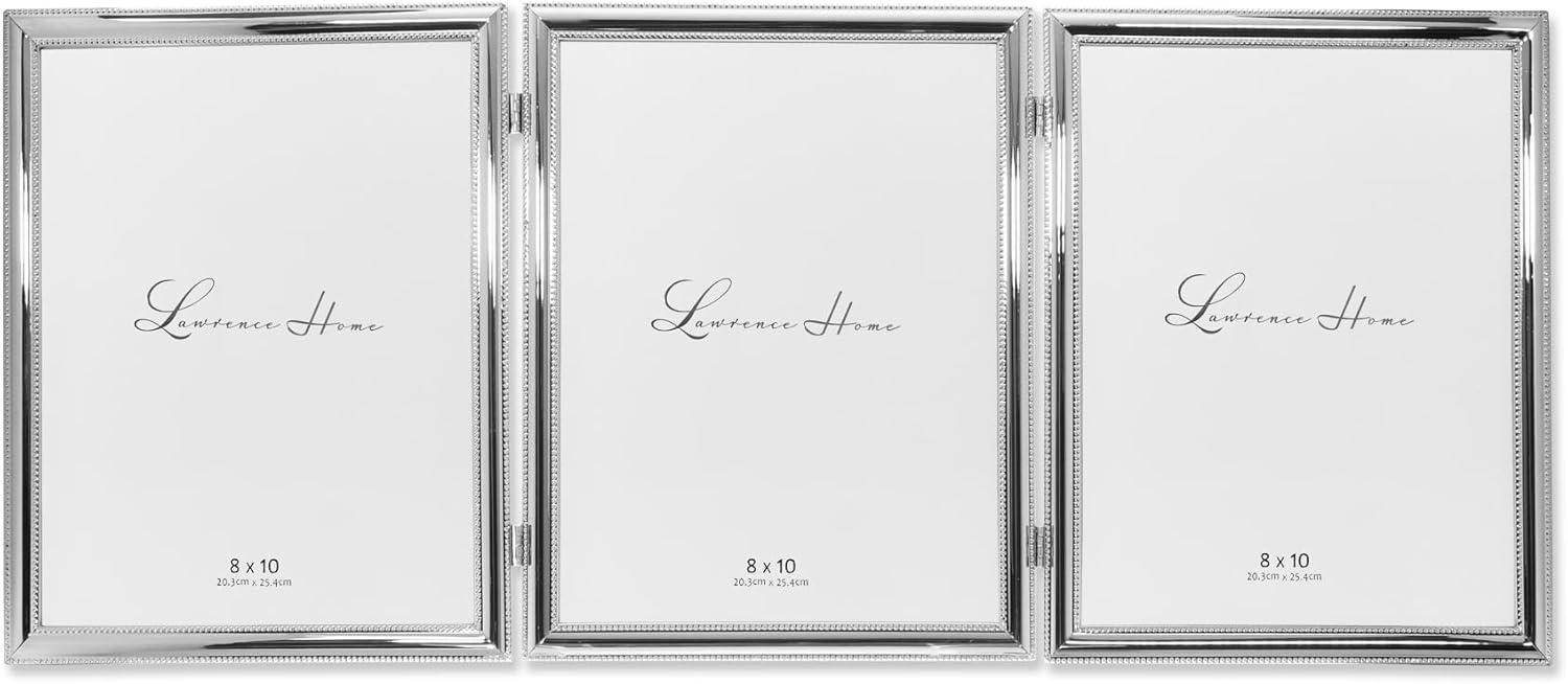 Lawrence Frames Silver Plated Double Bead 8x10 Hinged Triple Picture Frame