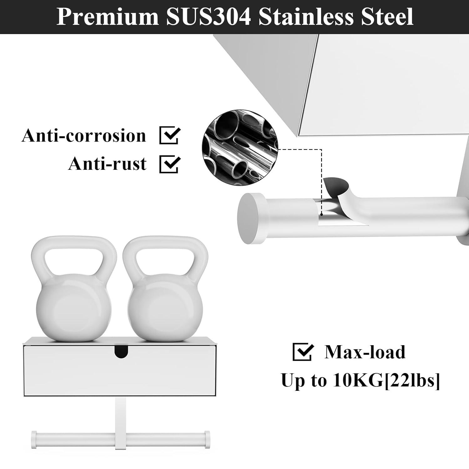 Tindbea Toilet Paper Holder with Storage - Stainless Steel Wall Mounted Toilet Paper Holder with Shelf, Flushable Wipes Holer Dispenser, Tampon Storage for Bathroom, Double Tissue Roll Holder, White