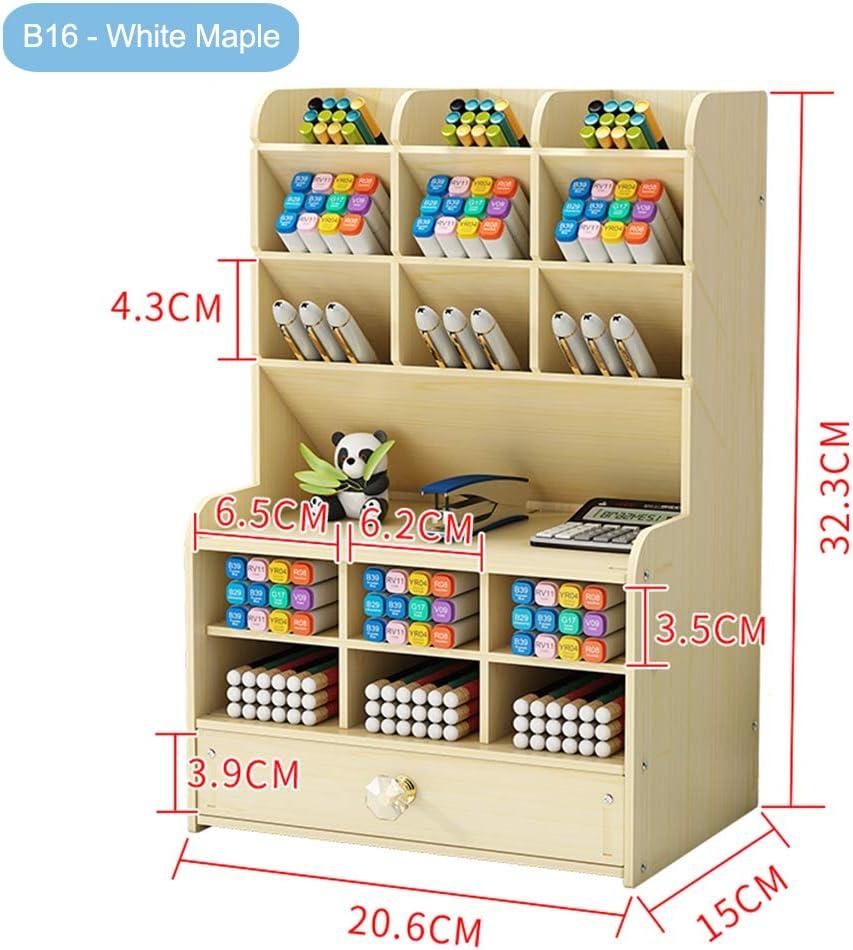 Large Capacity Wooden Desk Organizer - Office Pen Holder, Stationery, School Supplies - A-White Maple