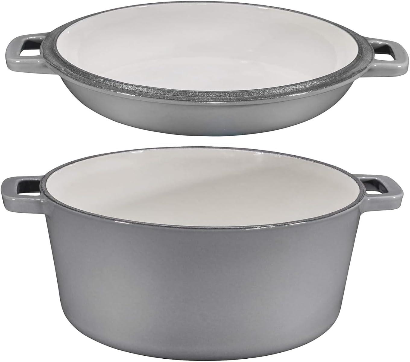 Bruntmor 2-in-1 Gray Enamel Cast Iron Dutch Oven & Skillet Set, 5 Quarts | All-in-One Cookware for Induction, Electric, Gas, Stovetop & Oven