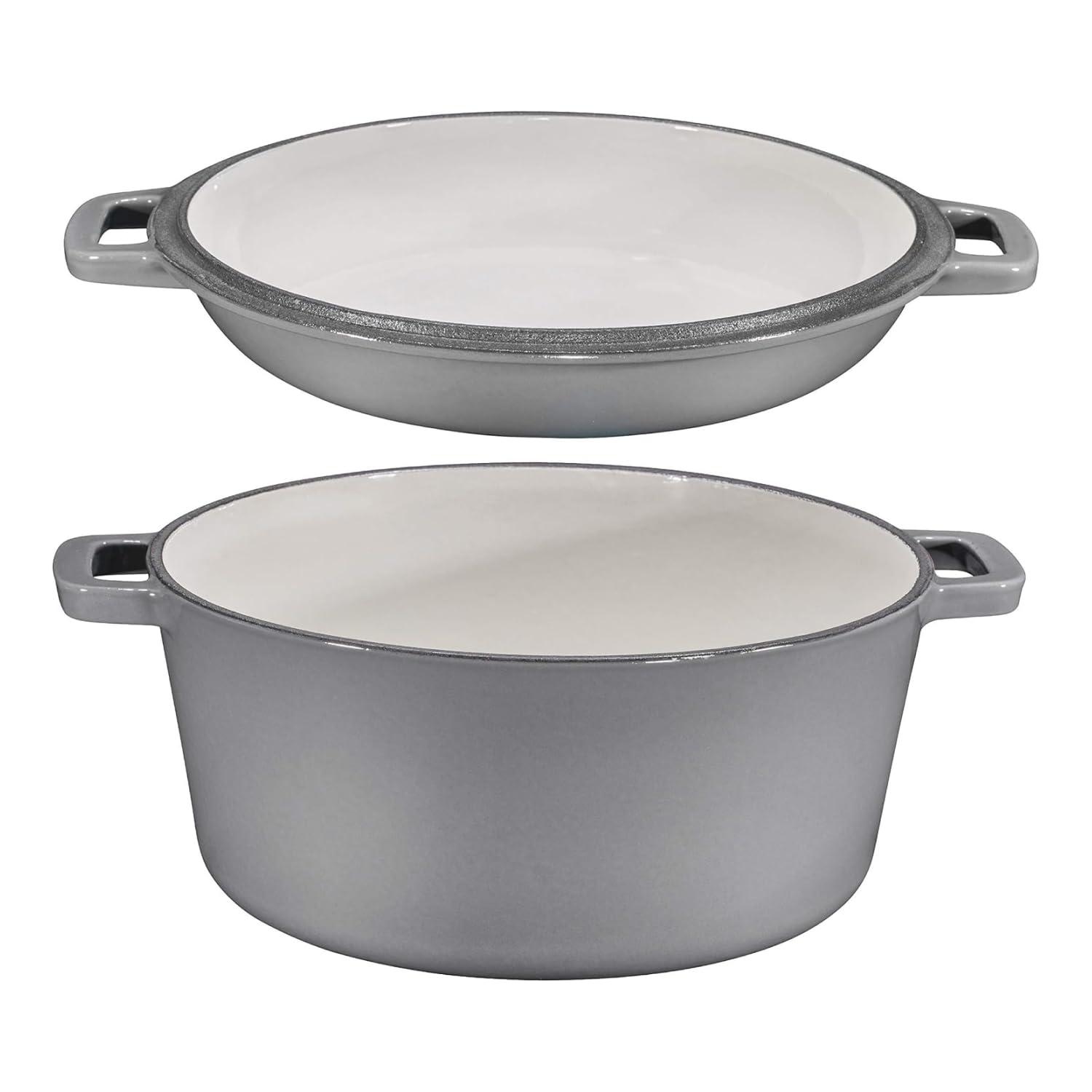 Bruntmor 2-in-1 Gray Enamel Cast Iron Dutch Oven & Skillet Set, 5 Quarts | All-in-One Cookware for Induction, Electric, Gas, Stovetop & Oven