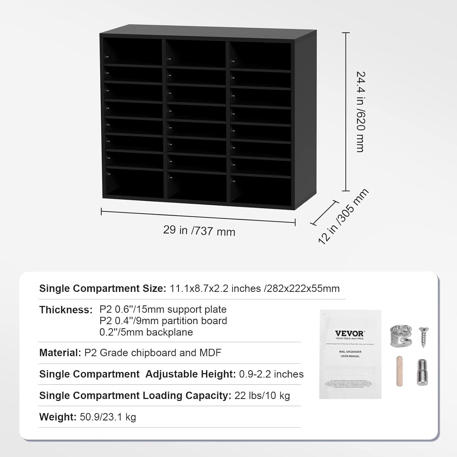 24 Compartments Office Mailbox with Adjustable Shelves, Wood Literature Sorter