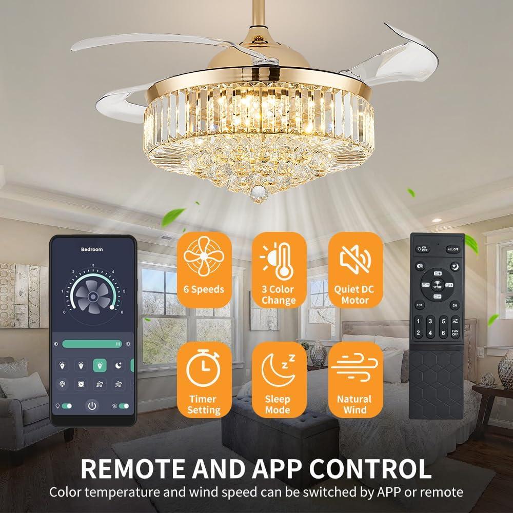 HOOMEDELIER 42" Chandelier Ceiling Fan with Remote, Crystal Beads Framed Fan with 4 Retractable Blades Smart Indoor Fandelier Fan