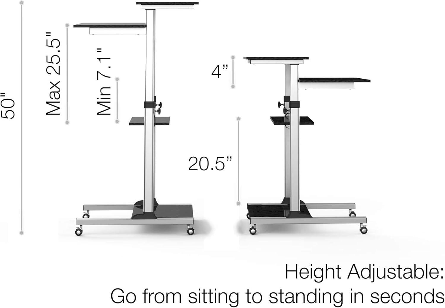 Adjustable Black Metal Mobile Standing Desk with Shelves