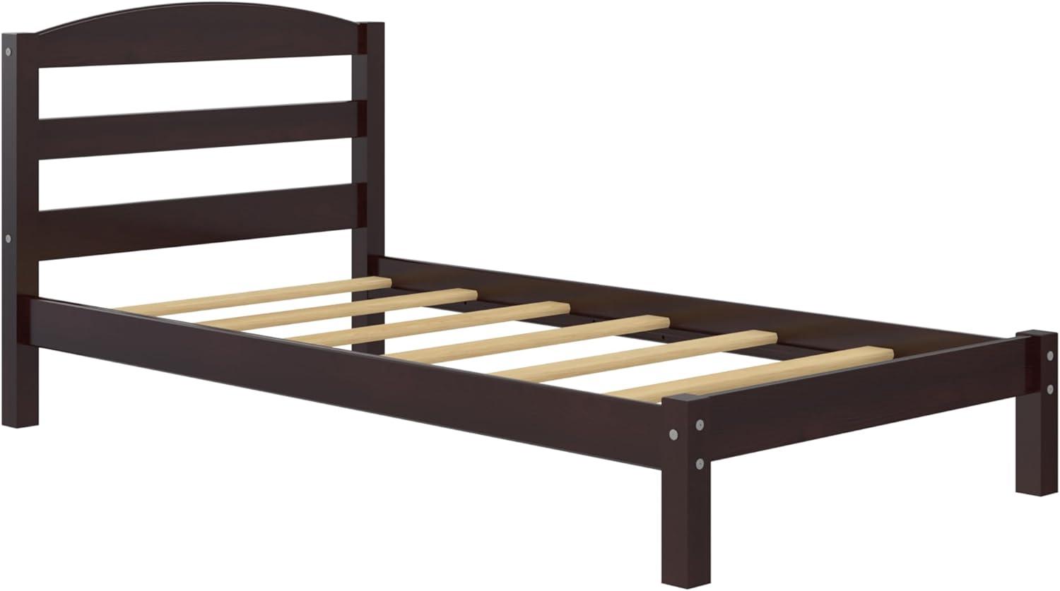 Espresso Pine Twin Platform Bed with Upholstered Headboard