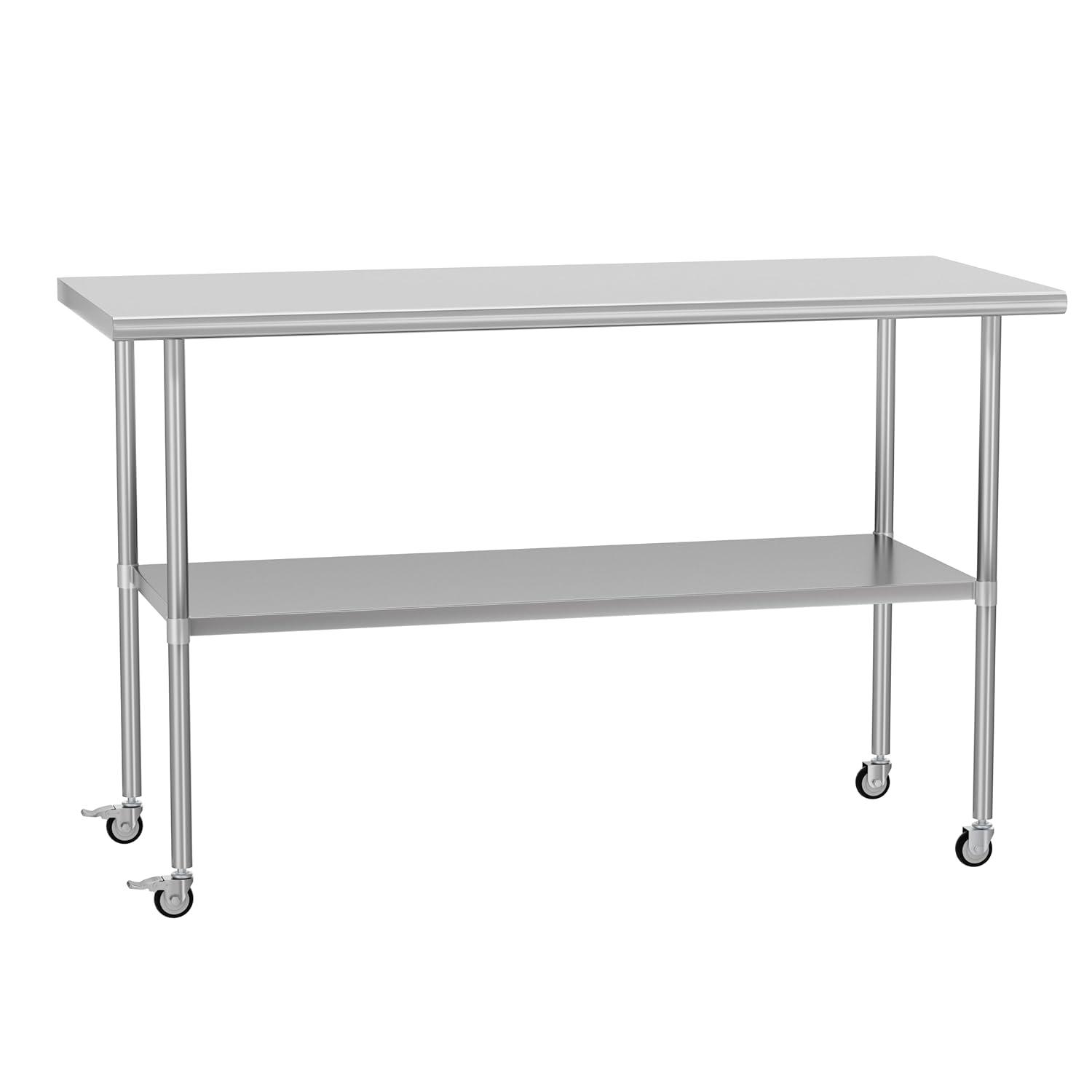 Stainless Steel Table with Wheels 24 x 60 Inches Metal Prep Table with Adjustable Undershelf for Commercial Kitchen, Outdoor, Restaurant, Hotel & Garage