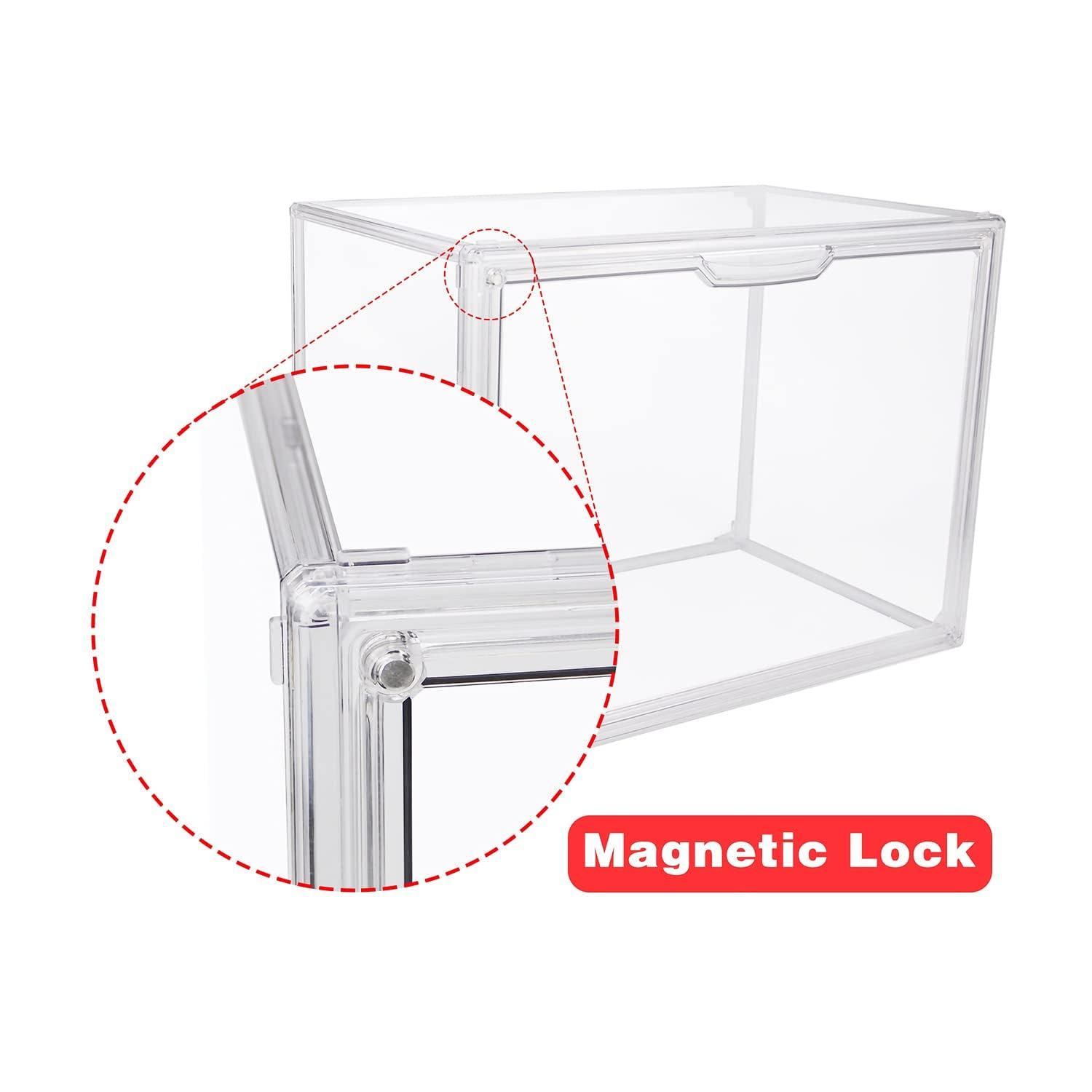 Clear Stackable Plastic Storage Bins with Magnetic Lid, Dustproof Book & Cosmetic Display Cases, Large Figures Collectibles Showcase, Shoe Box, Protection Organizer (Transparent, L-3 Pack)