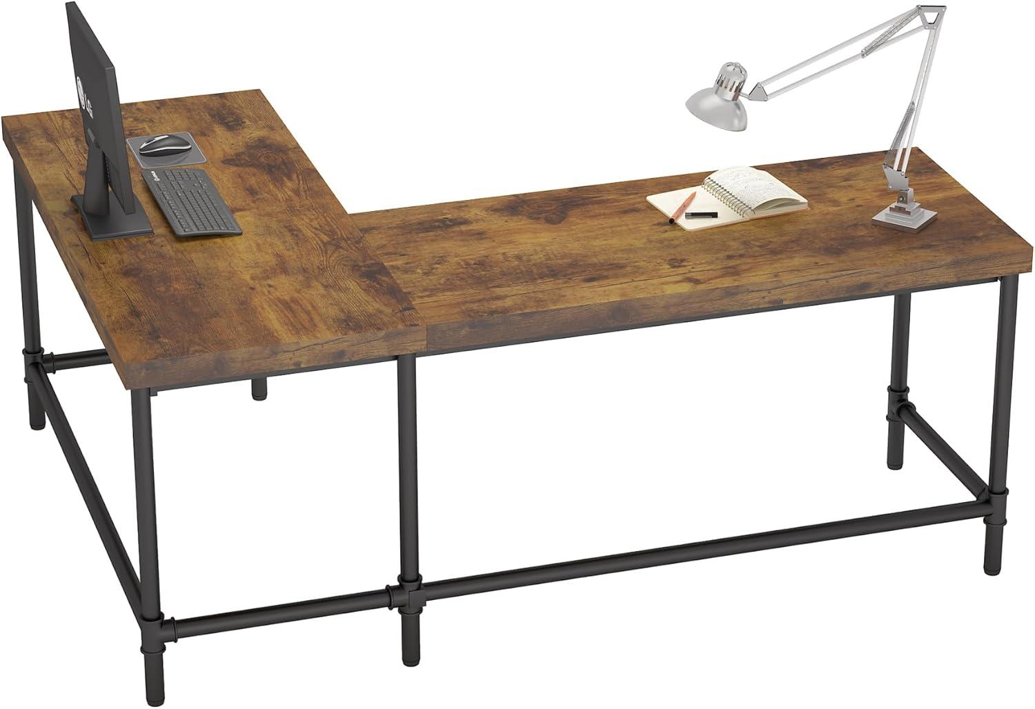 Rustic Brown L-Shaped Industrial Wood Corner Desk