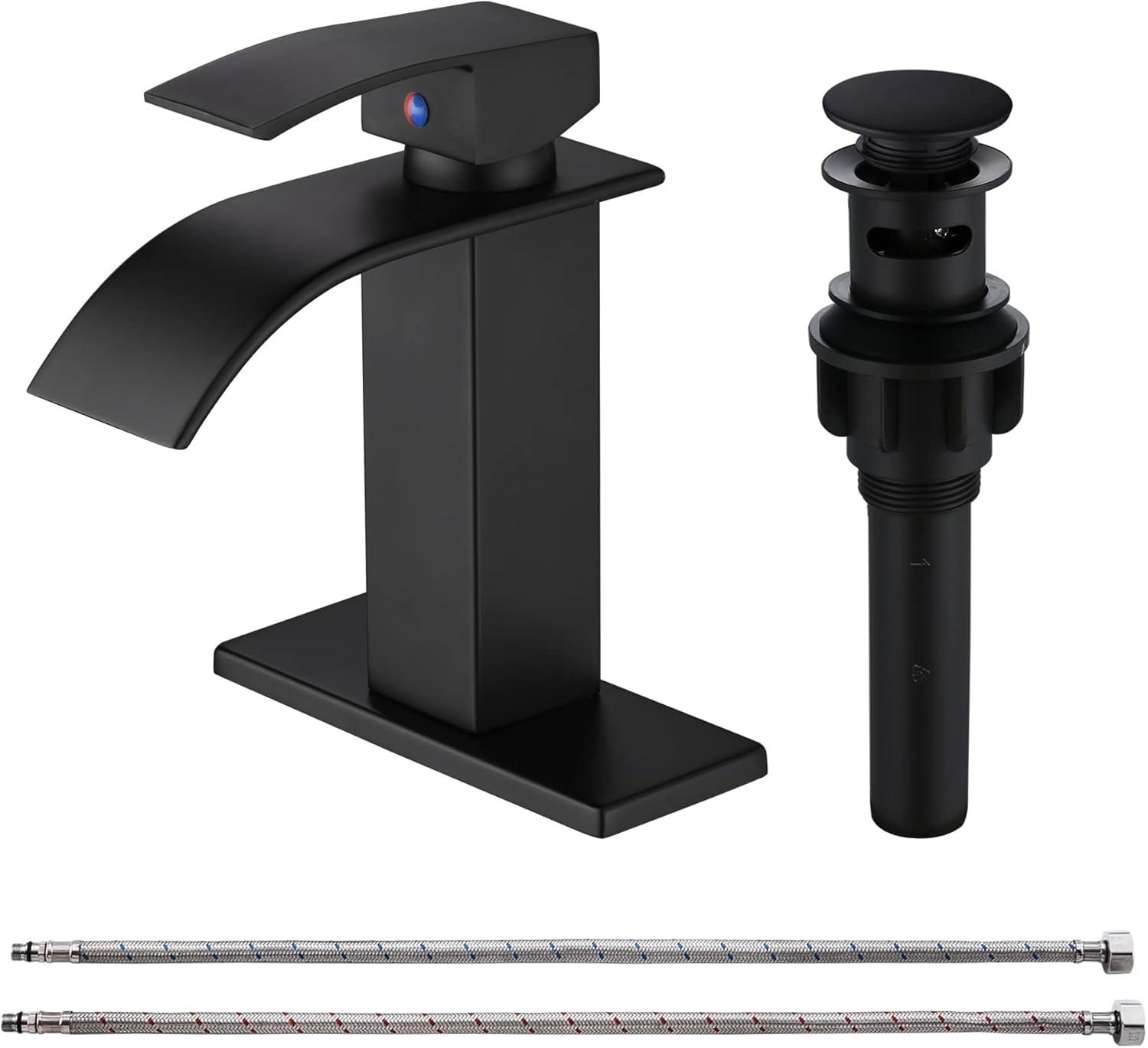 Matte Black Single Handle Waterfall Bathroom Faucet with Pop-up Drain