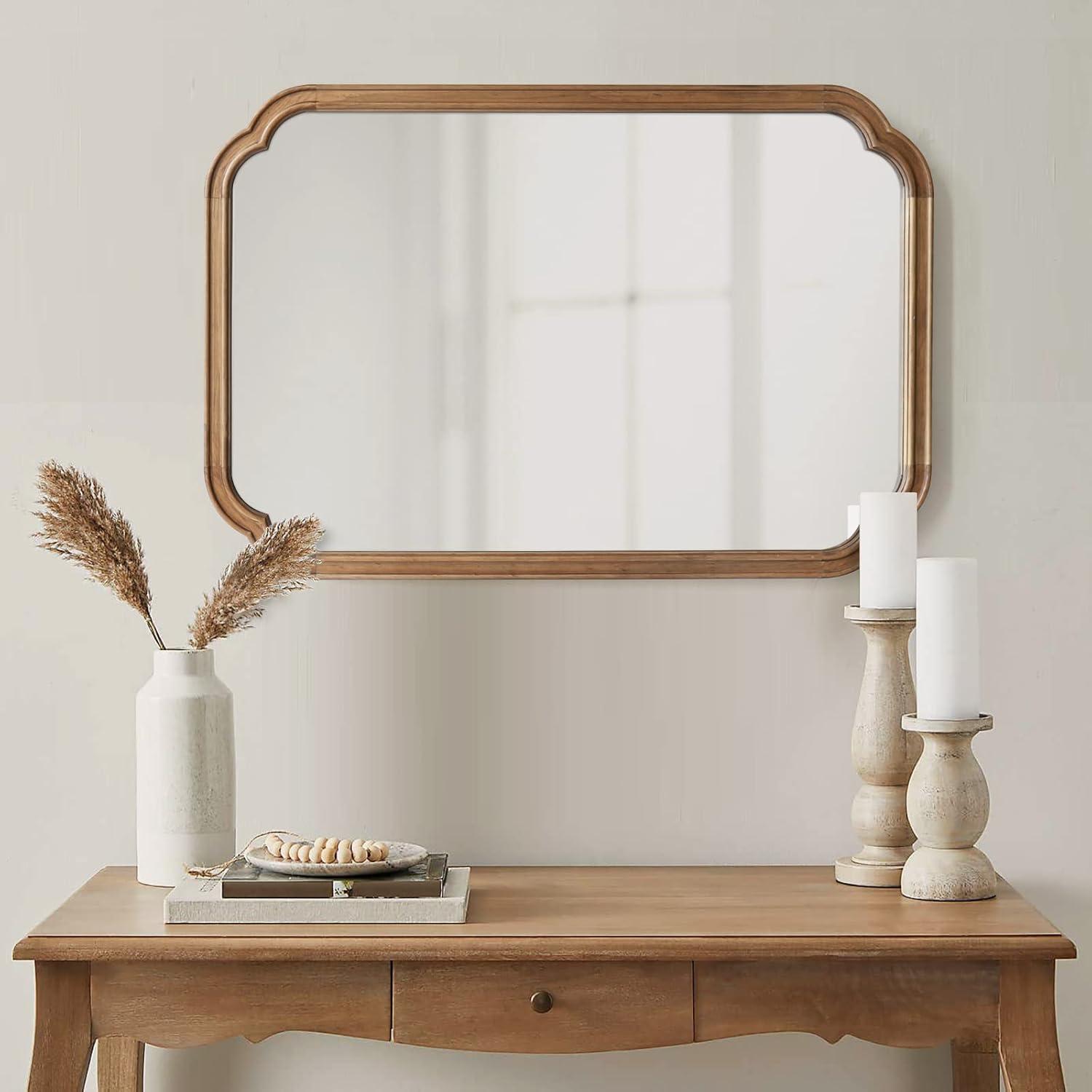 Light Brown Rectangular Wood Bathroom Vanity Mirror