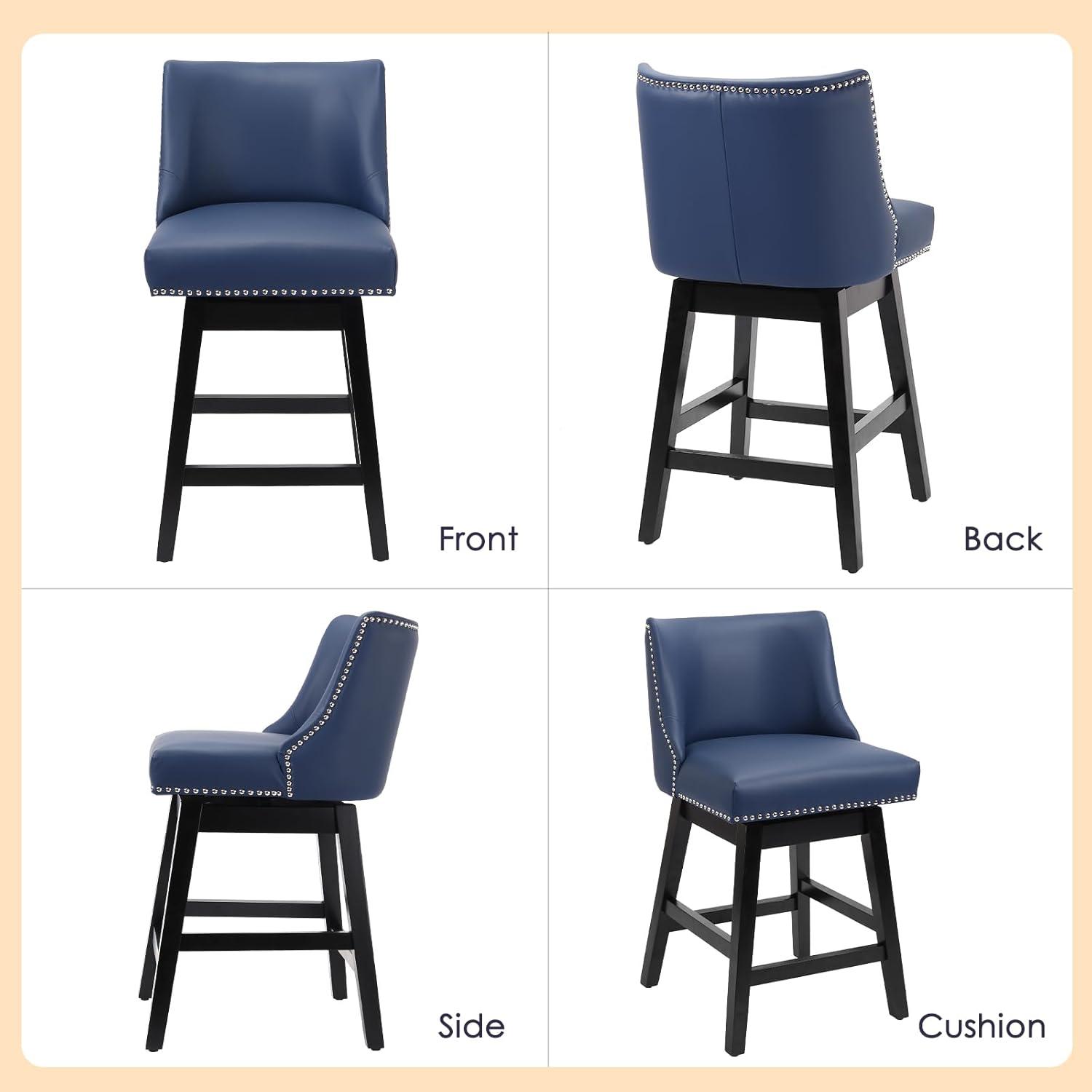 Swivel Bar Stools Set of 2 with Thicker Wood Legs,26" Counter Height Bar Stools,Faux Leather,Blue