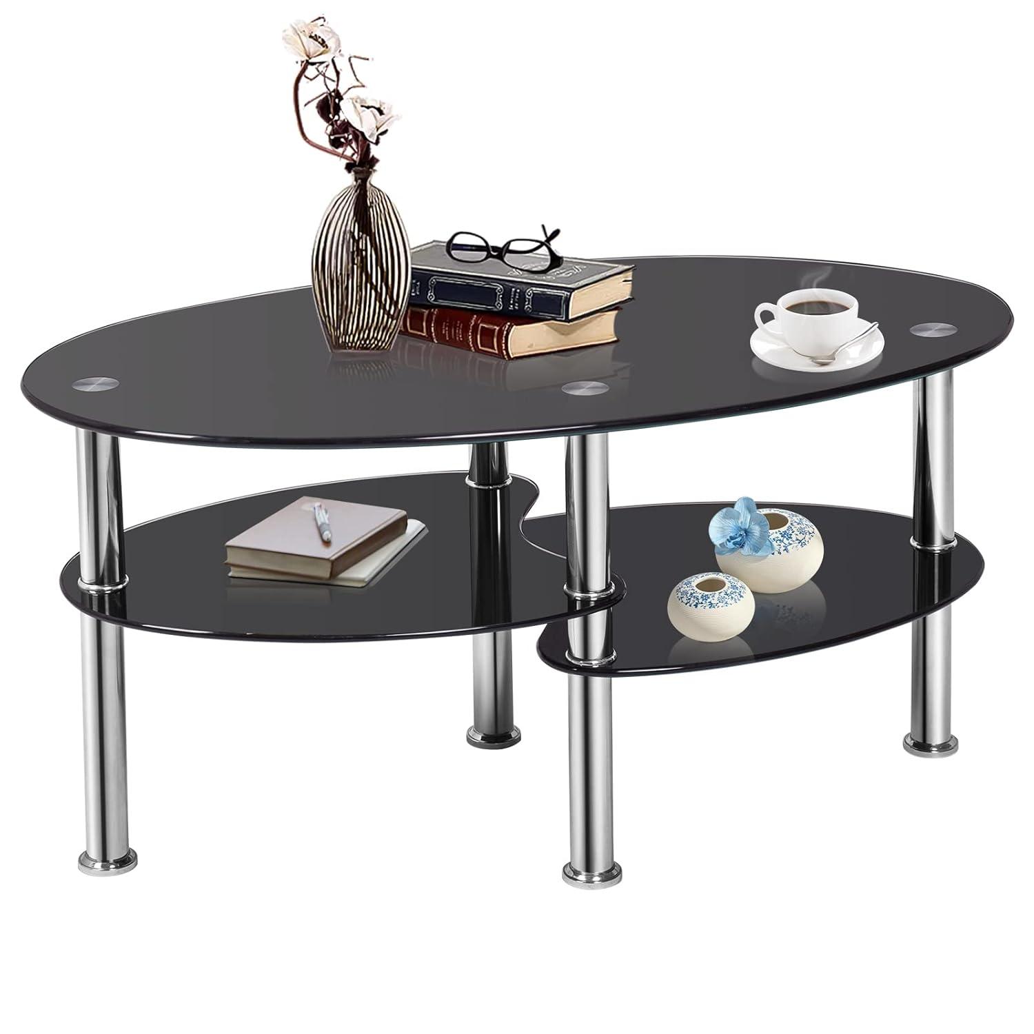 Costway Tempered Glass Oval Side Coffee Table Shelf Chrome Base Living Room Black