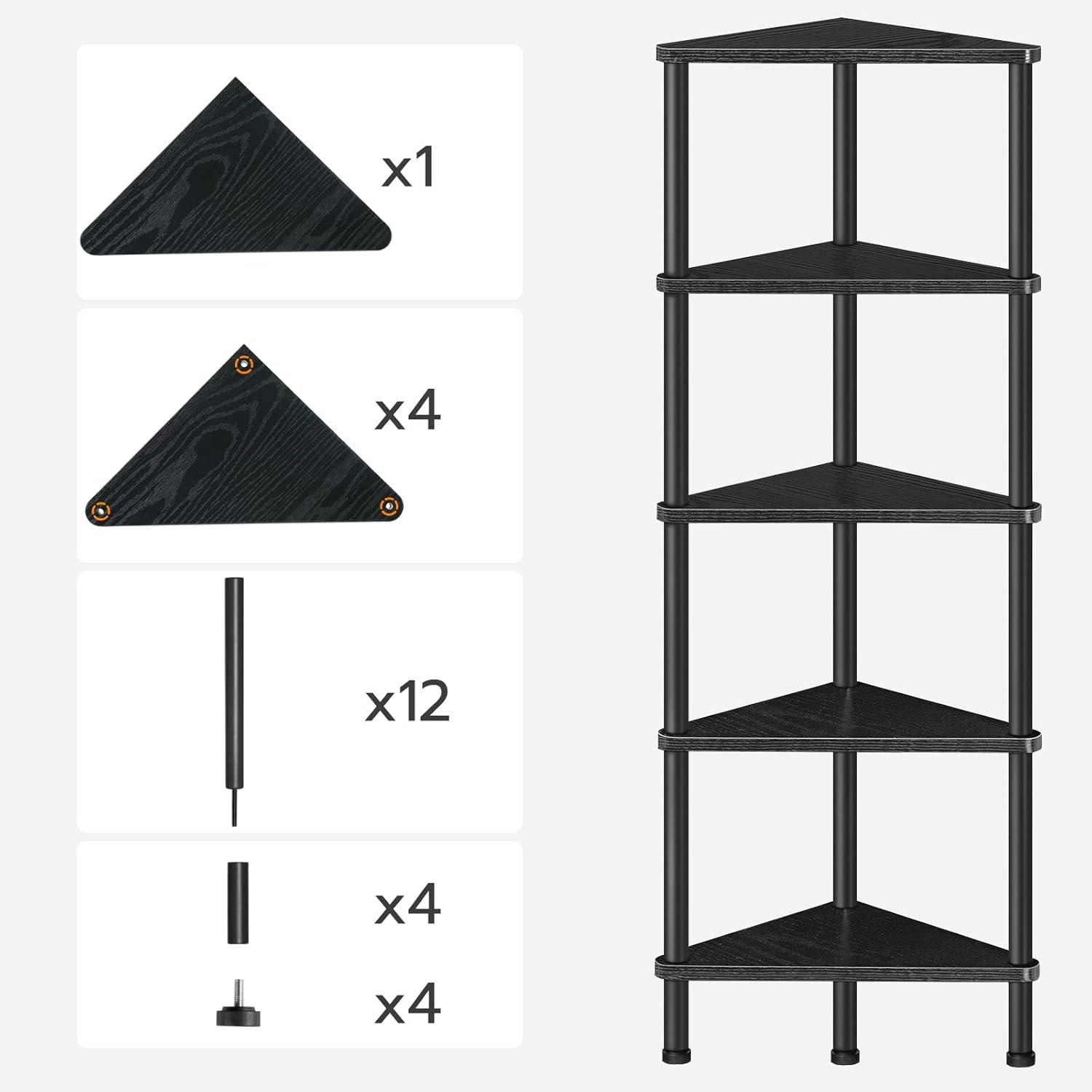 Black 5-Tier Adjustable Corner Bookshelf with Metal Frame