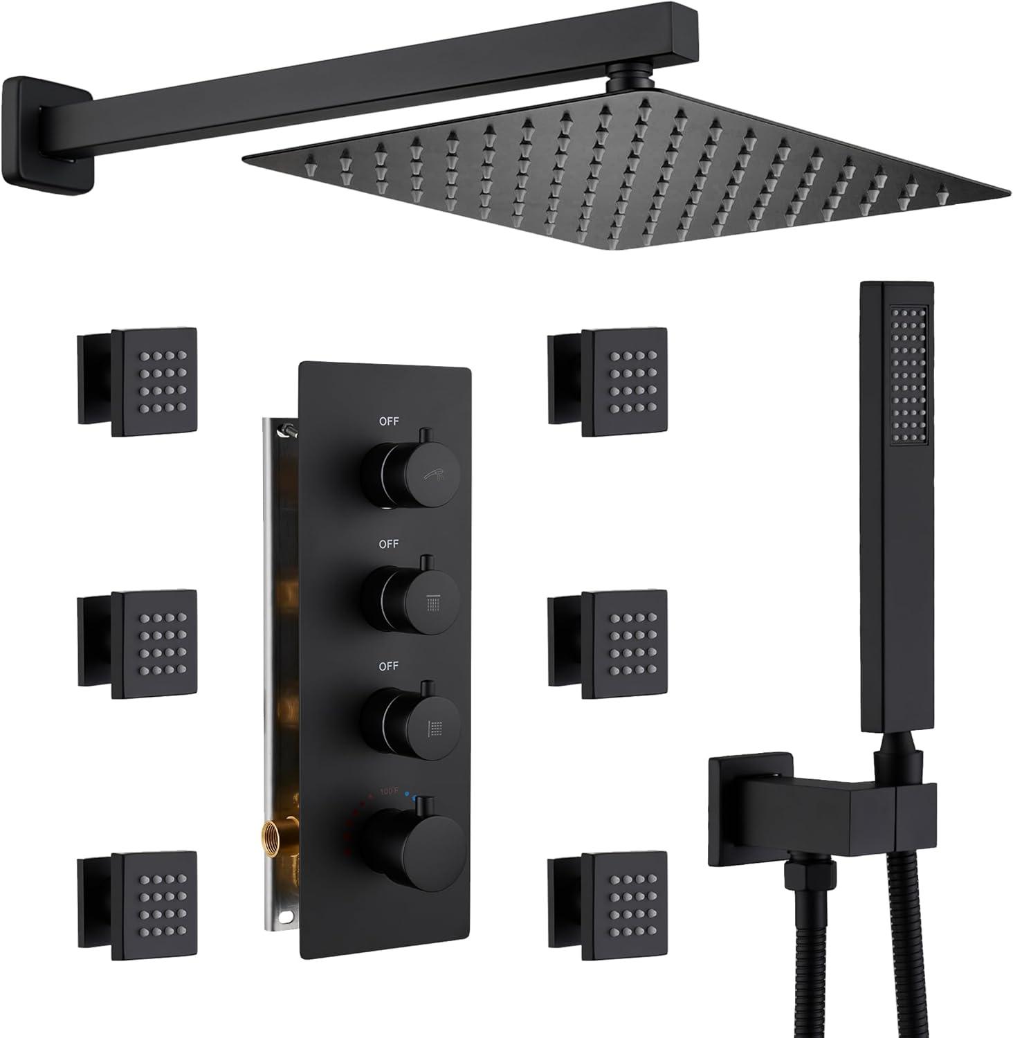 Rainfall Symphony 12inch 3-Function Dual Shower Head Thermostatic Shower System with 3 Sprays Handheld