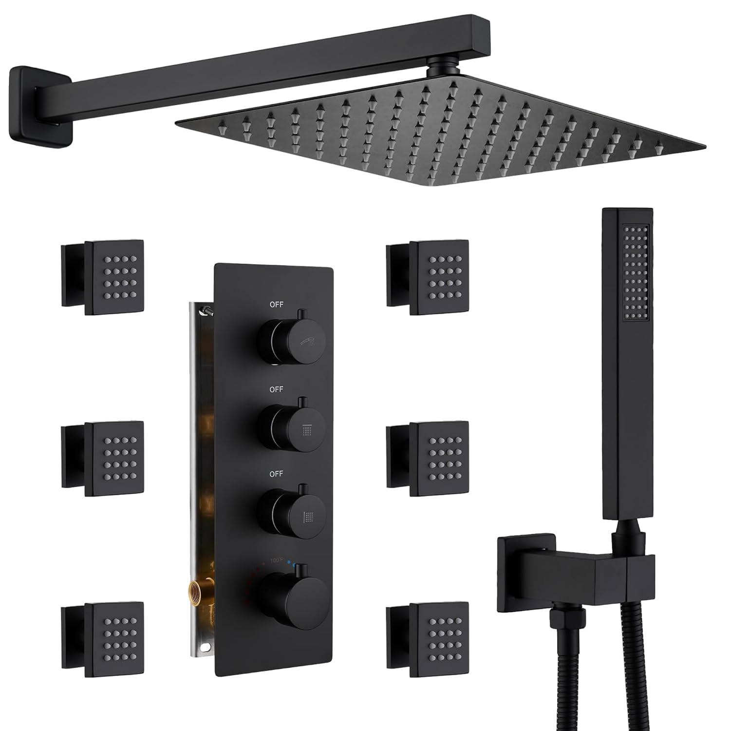 Rainfall Symphony 12inch 3-Function Dual Shower Head Thermostatic Shower System with 3 Sprays Handheld