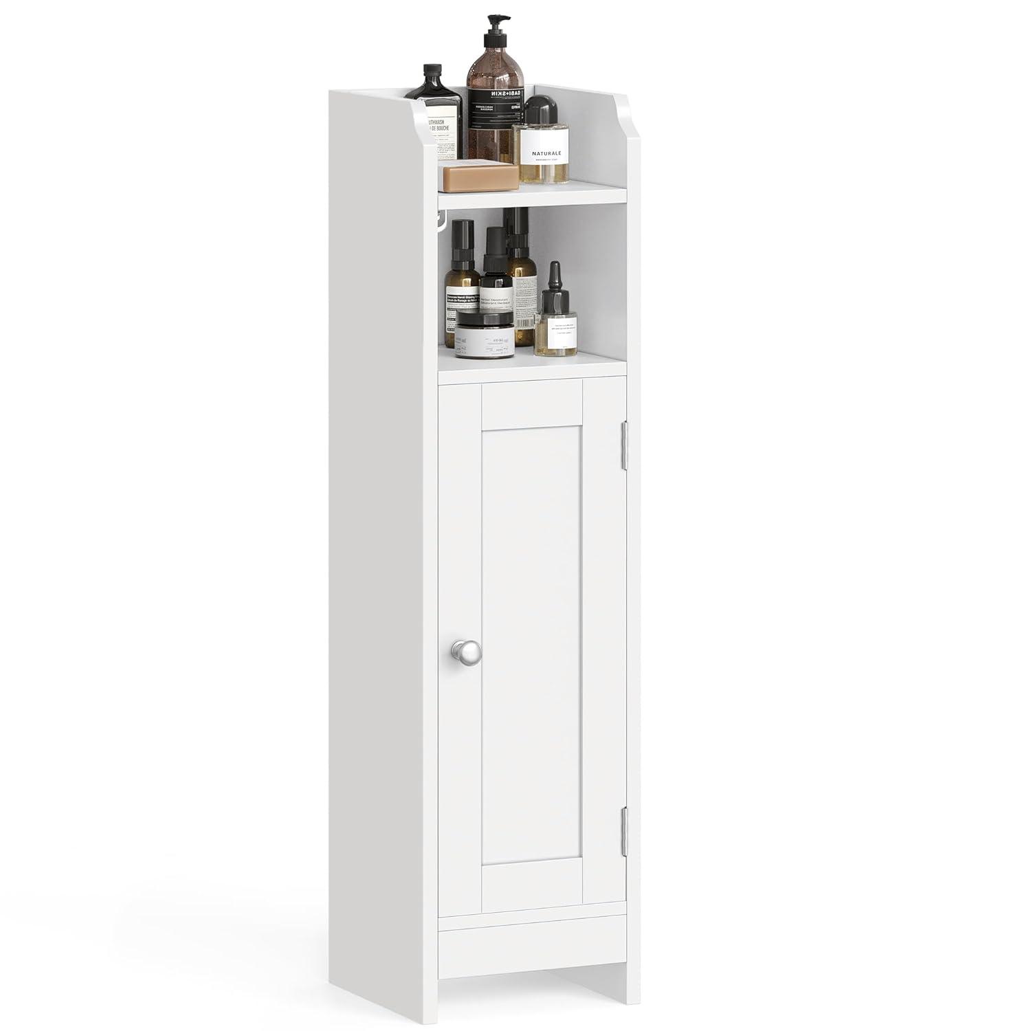 White MDF Narrow Bathroom Storage Cabinet with Adjustable Shelves