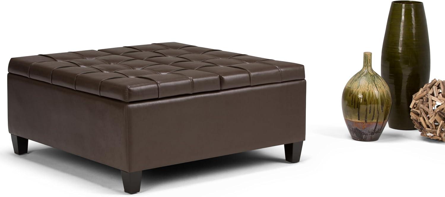 Simpli Home Harrison 36"W Upholstered Square Coffee Table Storage Ottoman with Split Lift Top