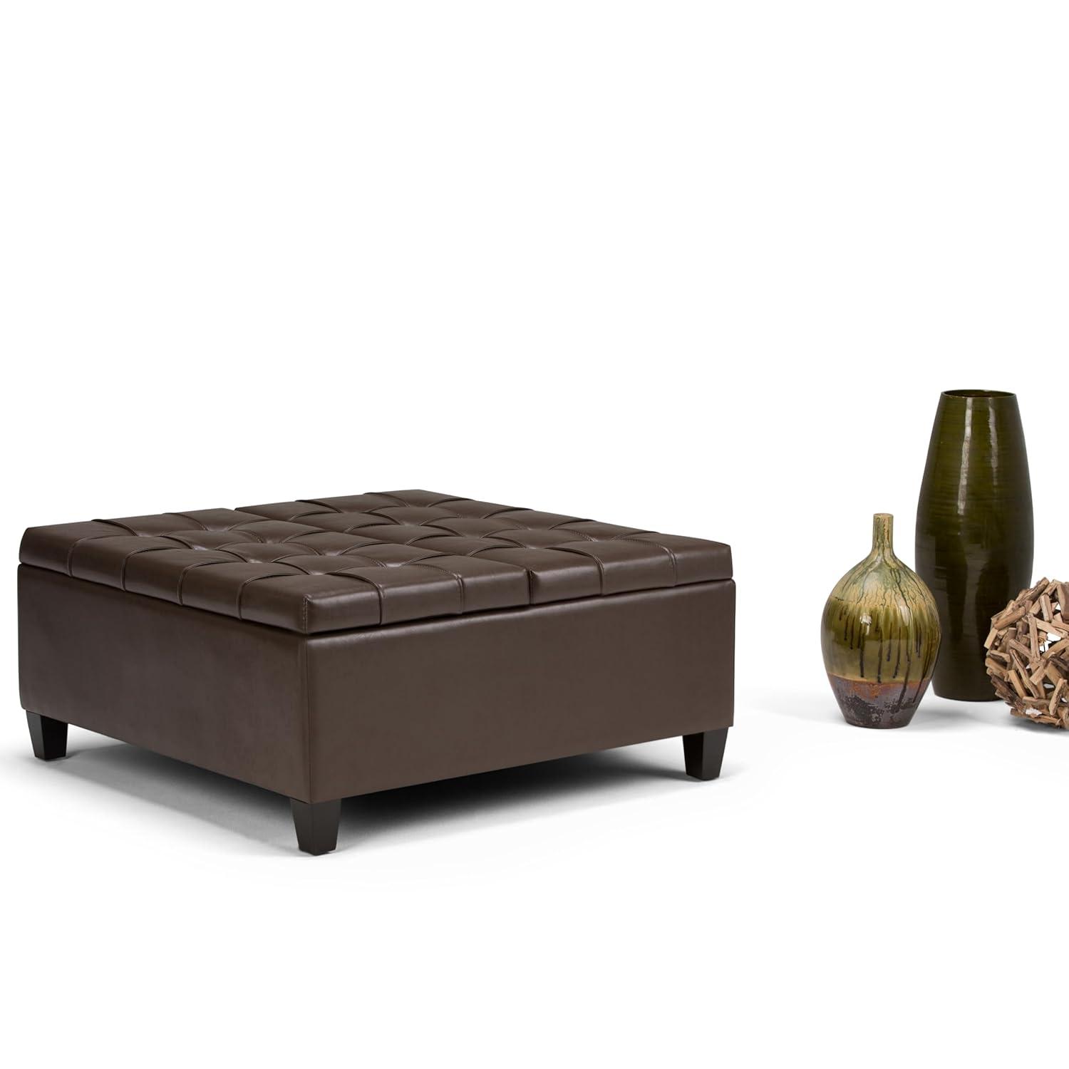 Simpli Home Harrison 36"W Upholstered Square Coffee Table Storage Ottoman with Split Lift Top