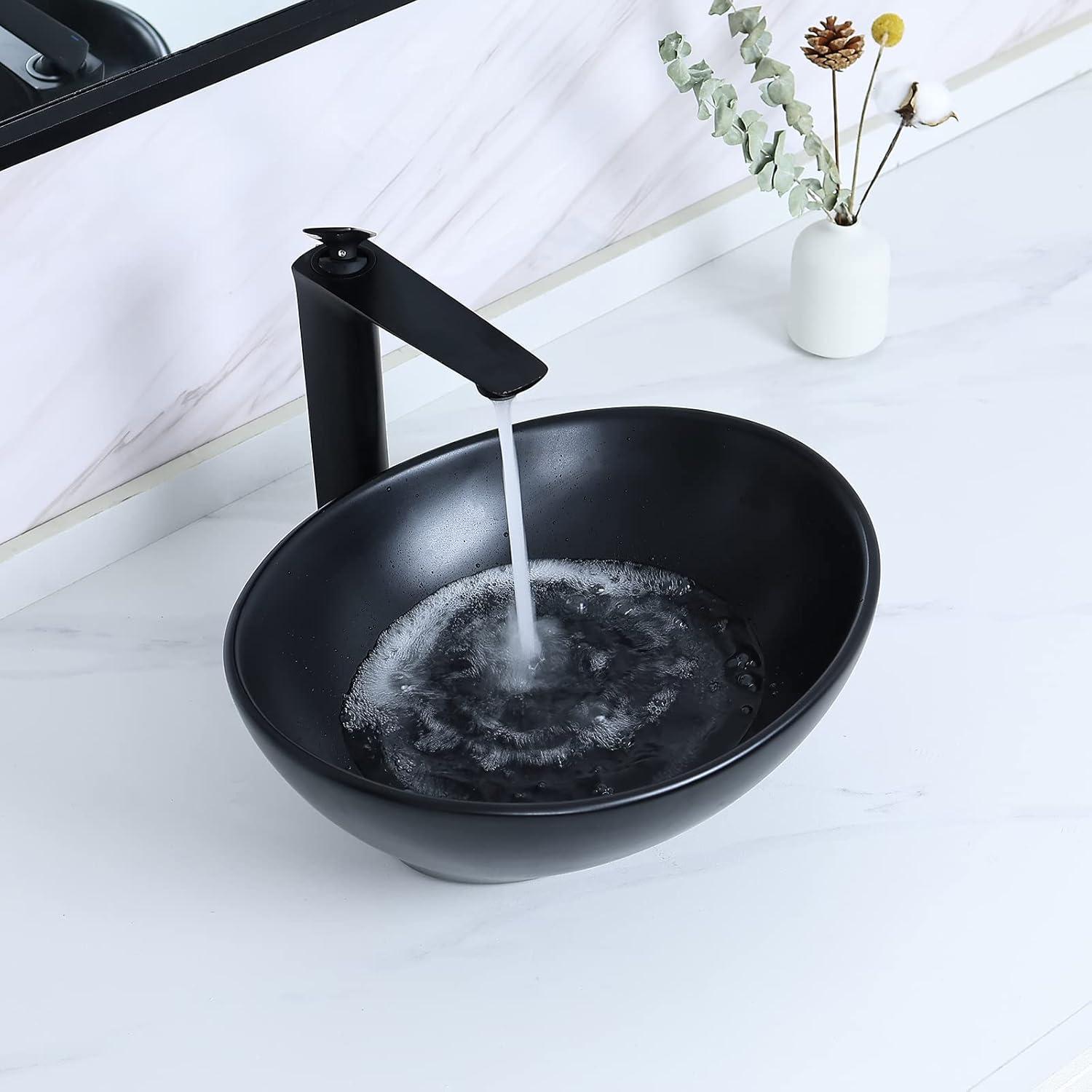 Matte Black Oval Ceramic Vessel Sink with Pop-Up Drain