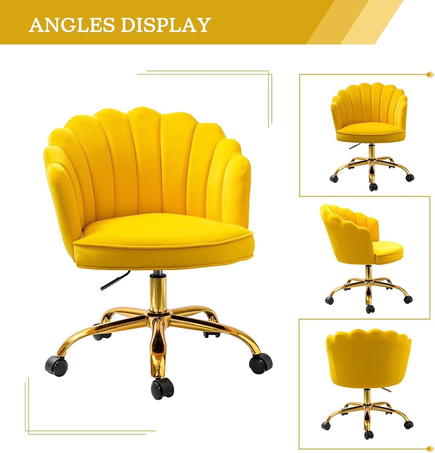 Yellow Velvet Swivel Task Chair with Gold Metal Base