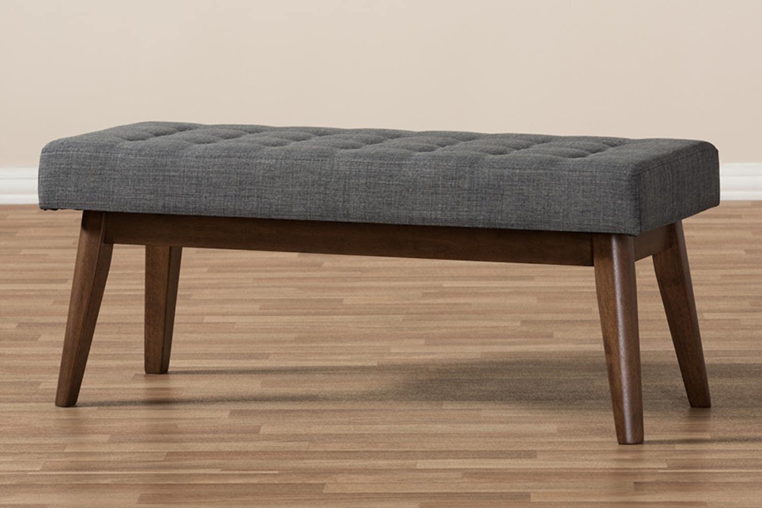 Baxton Studio Elia Mid Century Modern Walnut Wood Fabric Button Tufted Bench Dark Gray: Rubberwood Frame, Polyester Upholstery, 400lb Capacity