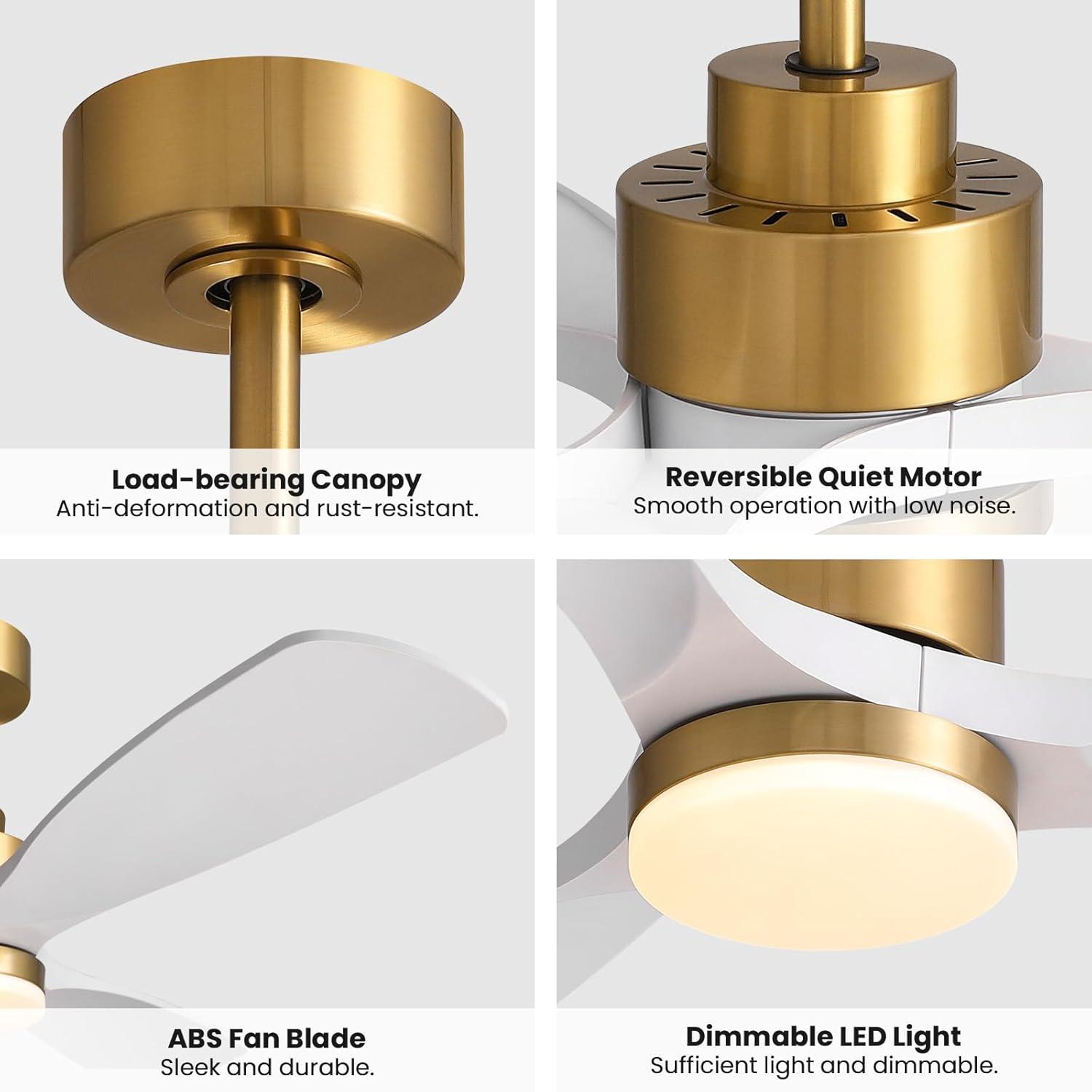 52 Inch Gold White Smart Ceiling Fans with Lights and Remote,Quiet DC Motor,for Modern Bedroom Living Room Patio
