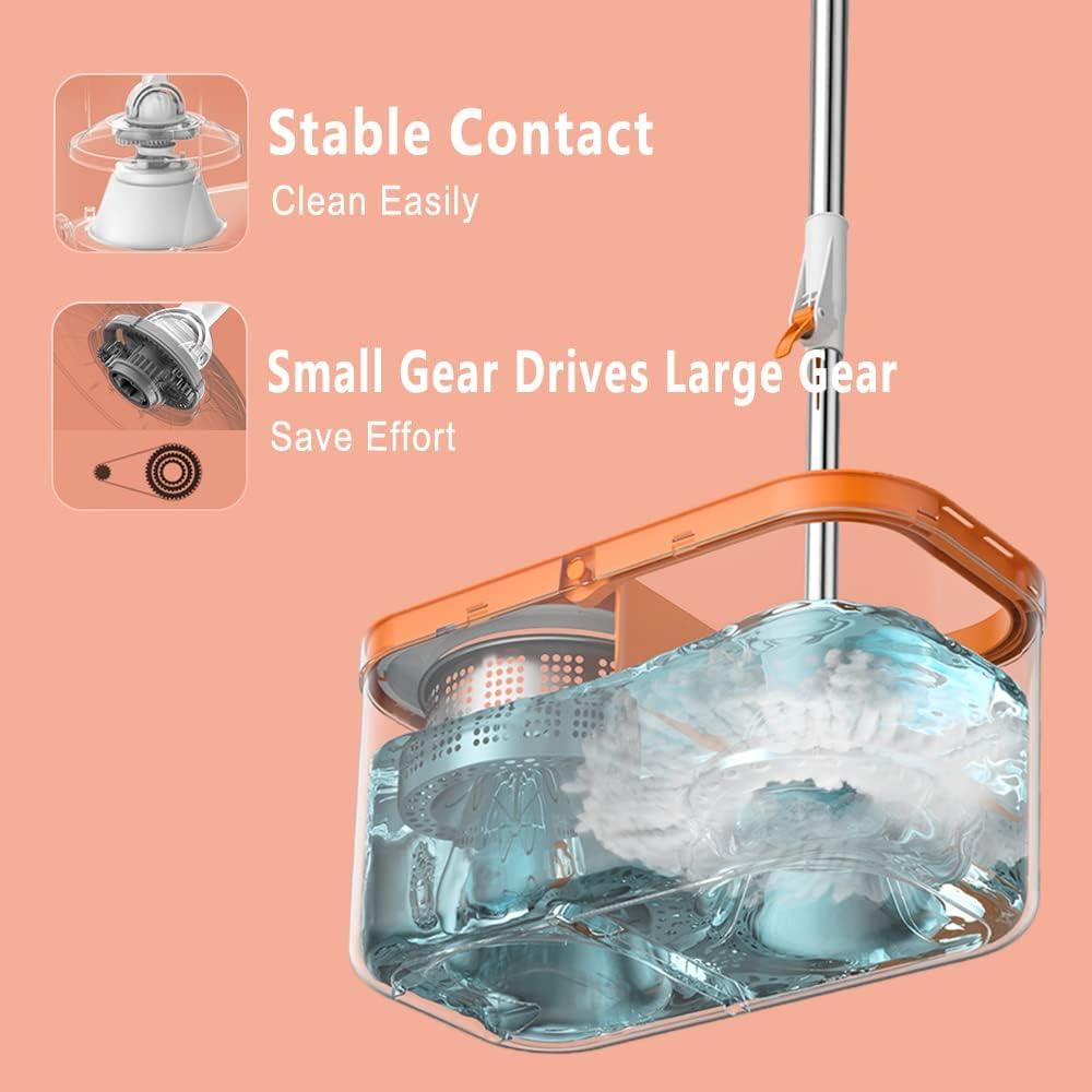 Floor Spin Mop and Bucket Set with Wringer System Extended Stainless Steel Handle 61＂for Home Floor Cleaning Use with 5 Replacement Head Refill and 1 Cleaning Brush Head