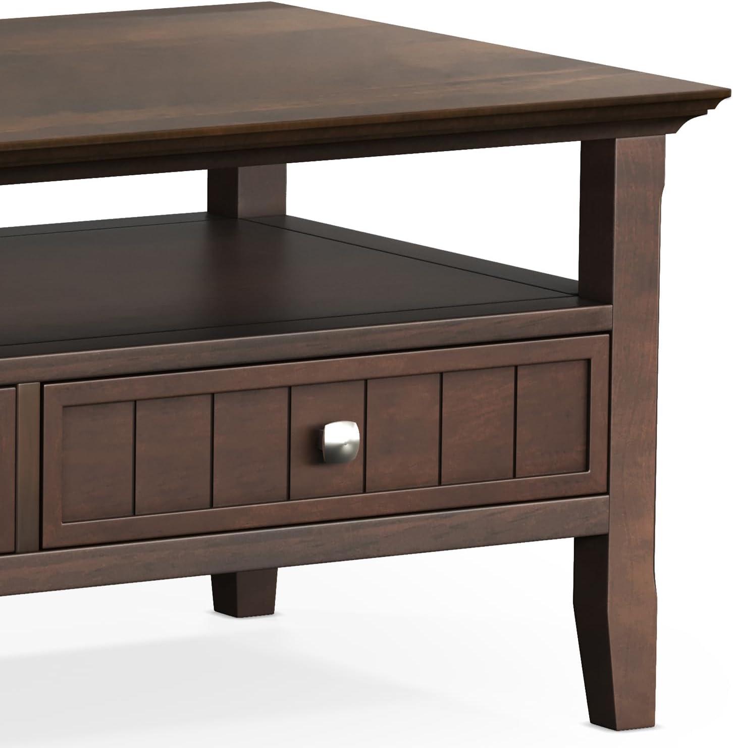 Simpli Home Acadian SOLID WOOD 48 inch Wide Rectangle Transitional Coffee Table with Drawer in Brunette Brown