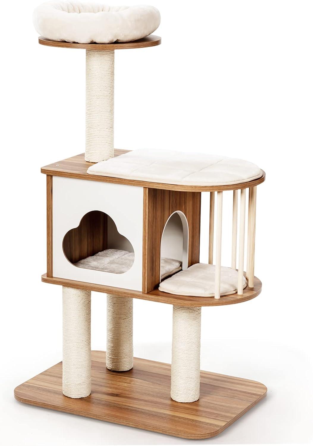 Gymax 46'' Kittens & Cats Modern Wooden Cat Tree with Platform & Washable Cushions