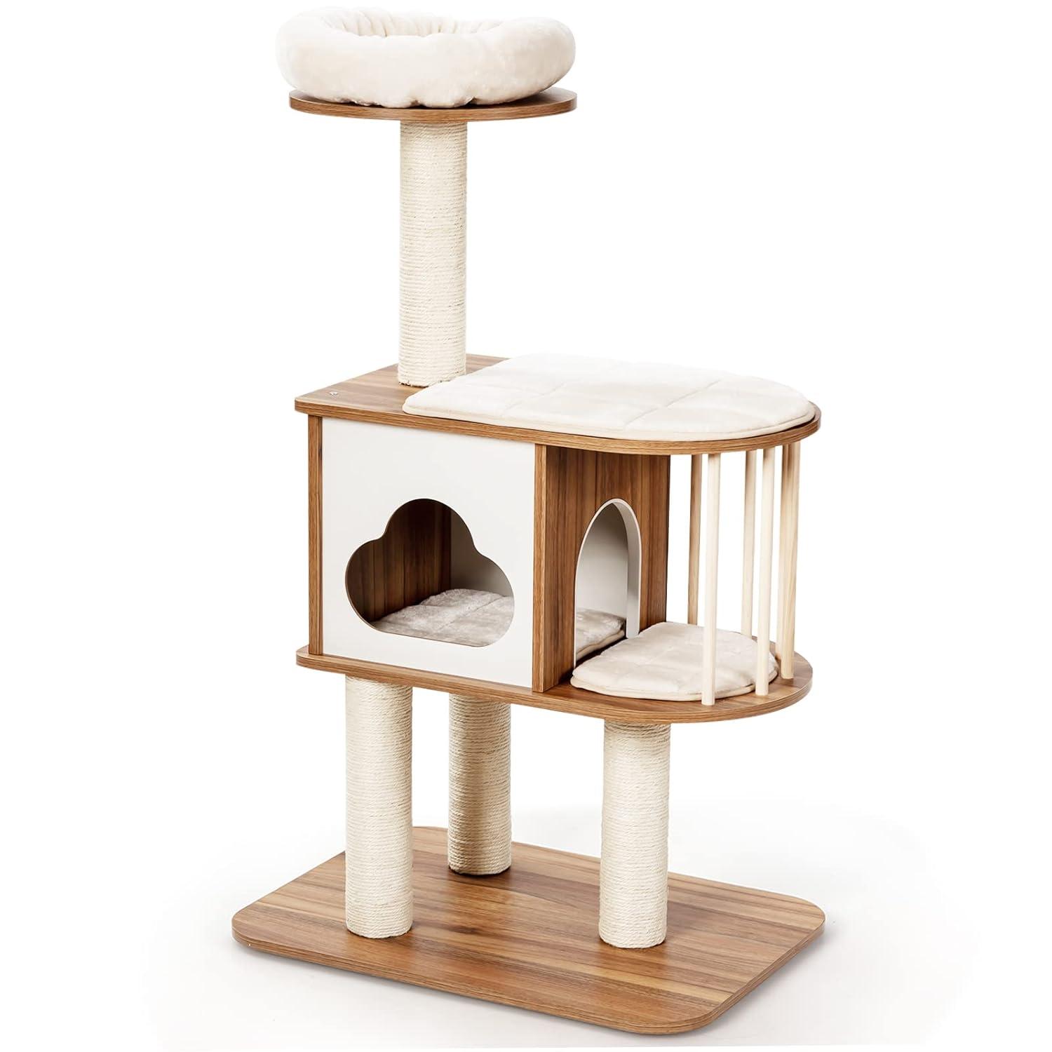 46'' Light Gray Wooden Cat Tree with Sisal Posts and Cushions