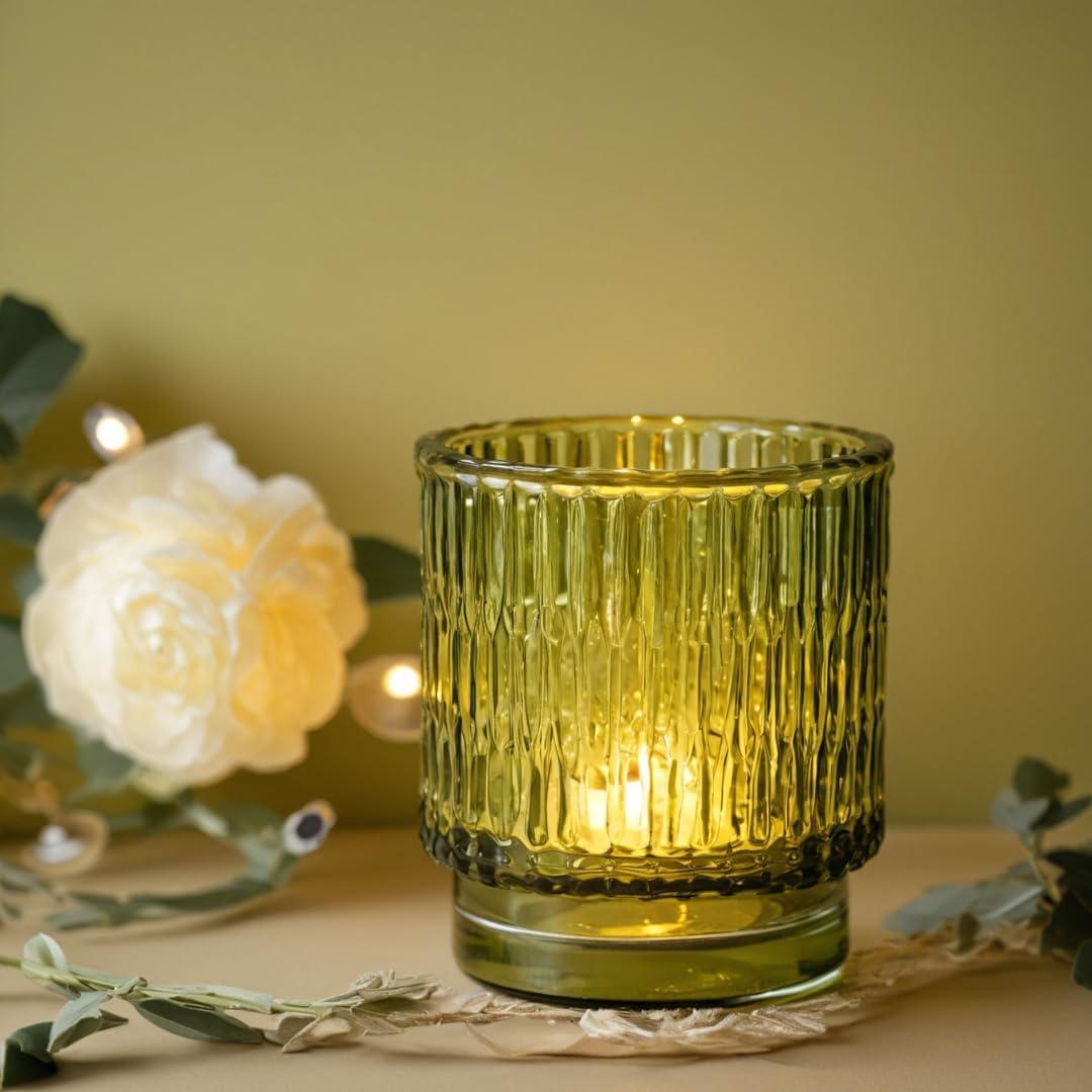 Koyal Wholesale Olive Green Ribbed Glass Votive Candle Holders - Aesthetic Decor & Candle Holders Table Décor, Pack of 6