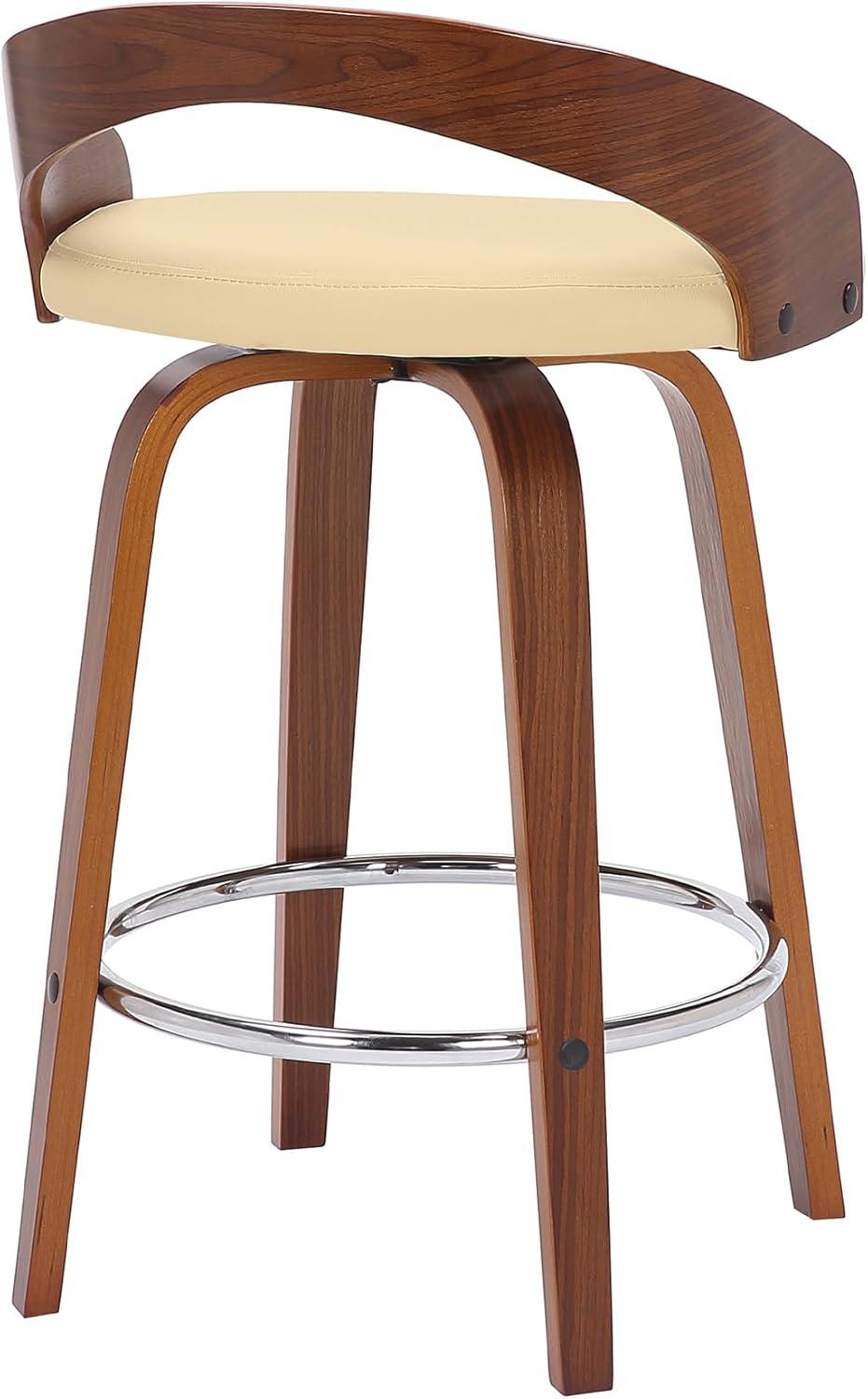 Sonia 26 in.  Counter Height Swivel Cream Faux Leather and Walnut Wood Bar Stool