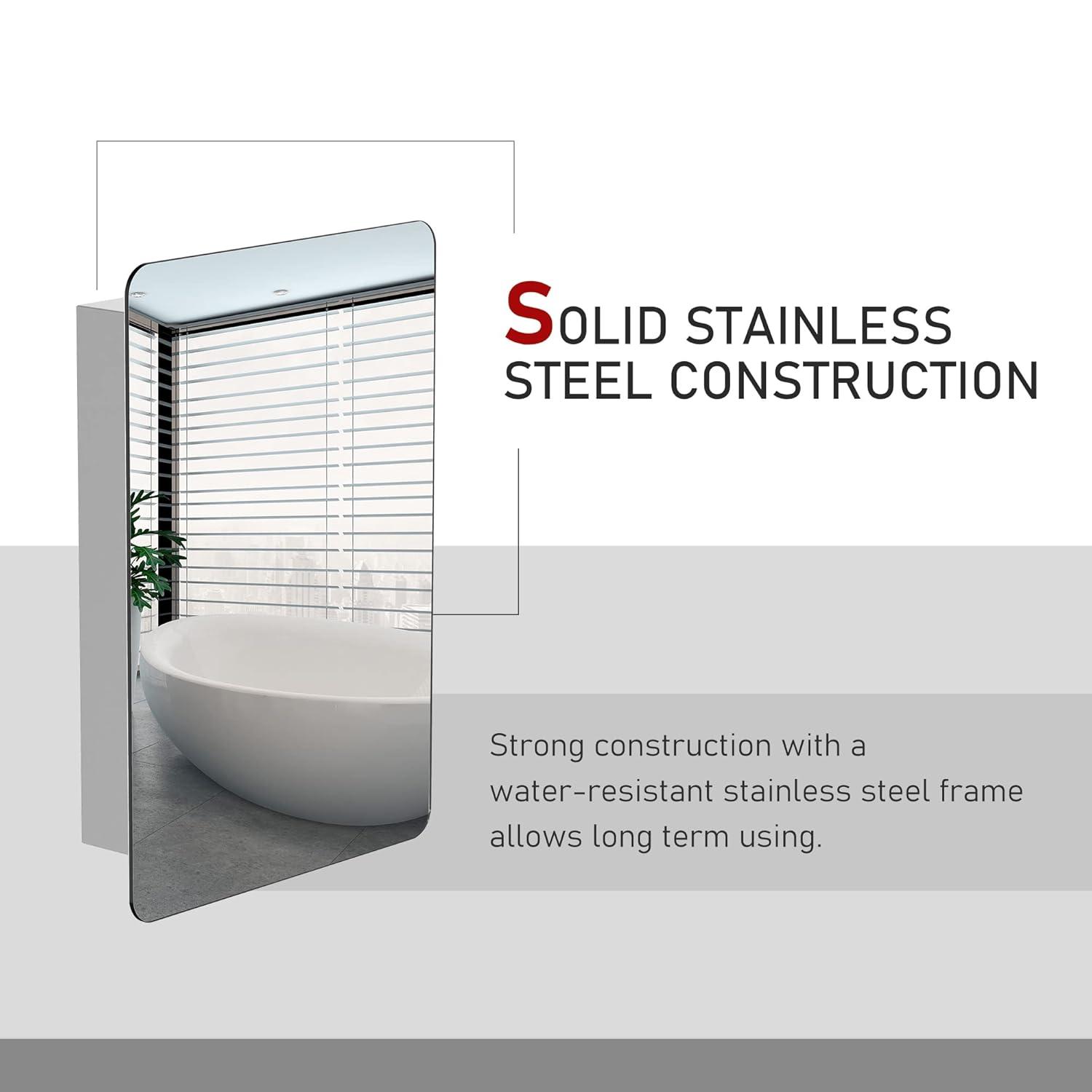 kleankin 18'' x 26'' Wall Mount Bathroom Medicine Cabinet Mirror Sliding Door with 3-Tier Storage Shelf, Stainless Steel, for Living Room Bedroom