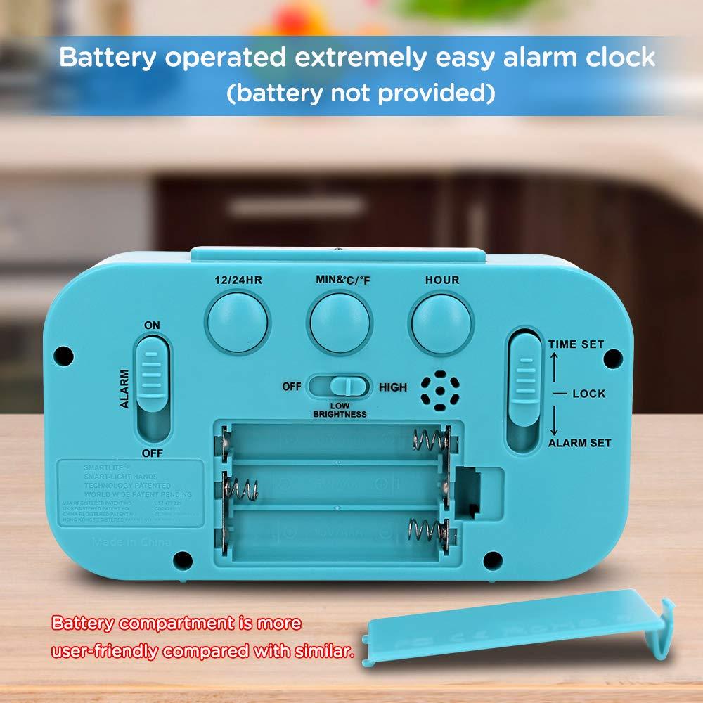 PEAKEEP Smart Night Light Digital Alarm Clock with Indoor Temperature, Battery Operated Desk Small Clock (Blue)
