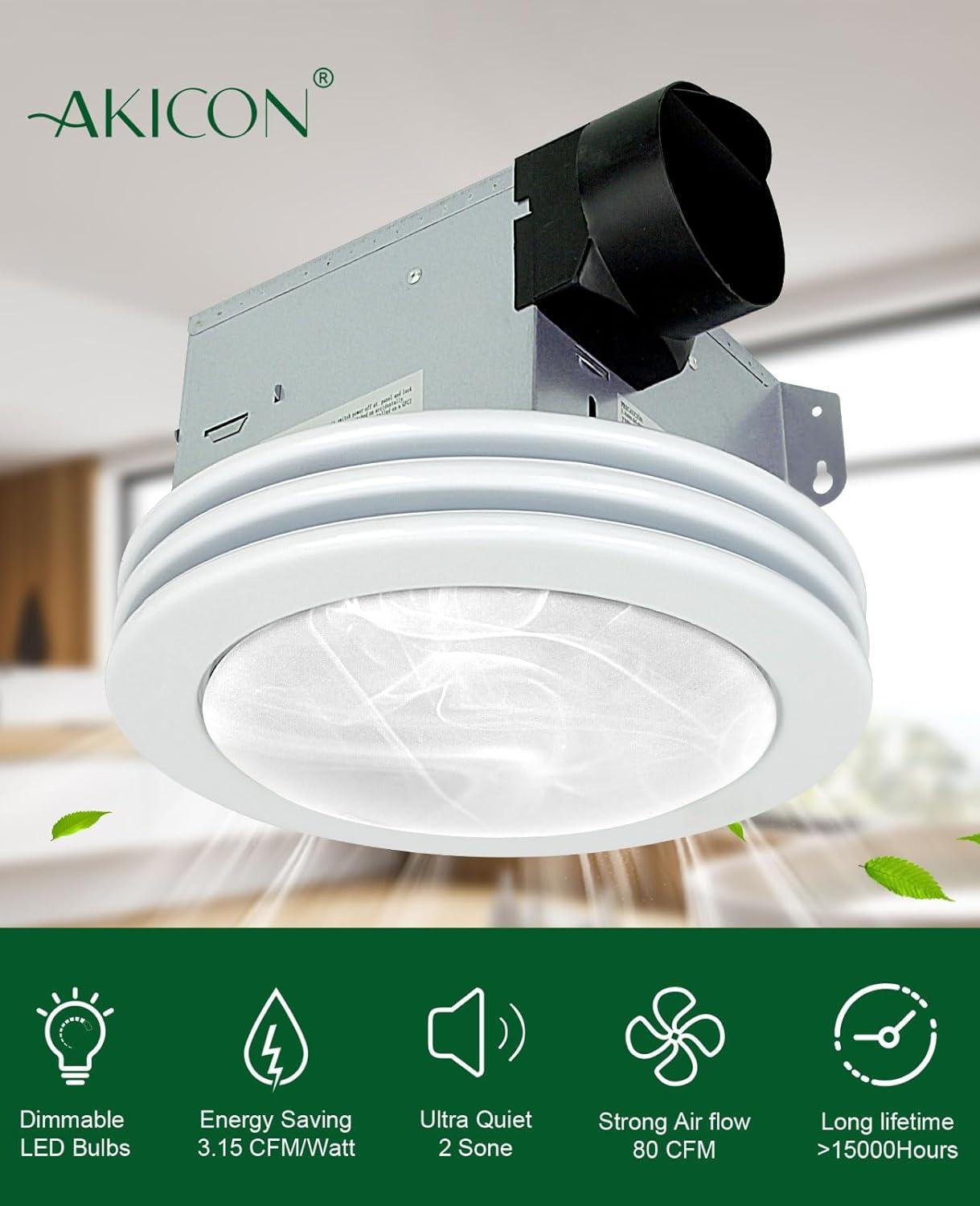 Akicon  Ultra Quiet Bathroom Exhaust Fan with LED Light 80CFM 2.0 Sones Round Bathroom Ventilation Fan with Frosted Glass Cover Brushed Nickel