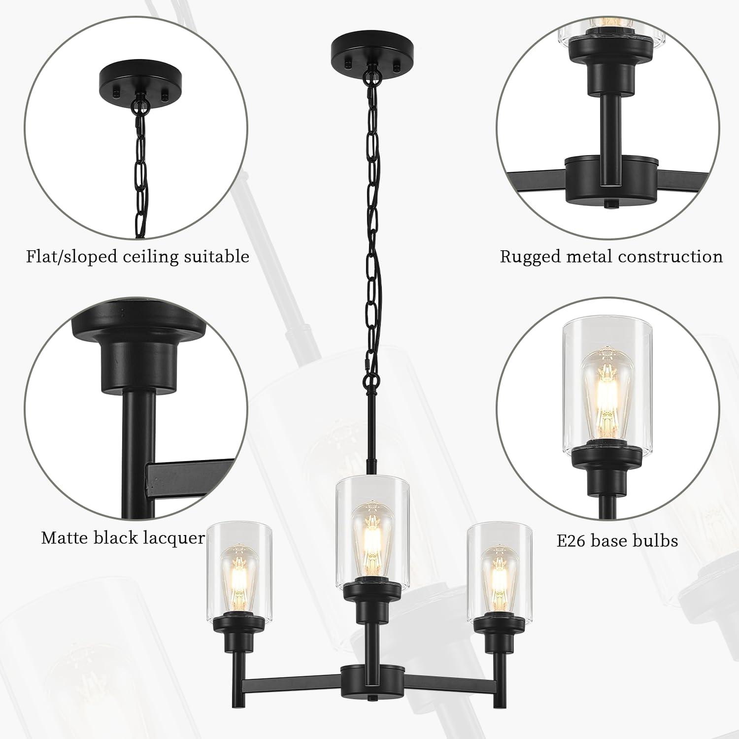 Black Chandelier for Dinning Room Living Room Island Kitchen Chandelier Light Fixtures Over Table, 3 Light Farmhouse Chandelier with Cylinder Clear Glass, Height Adjustable